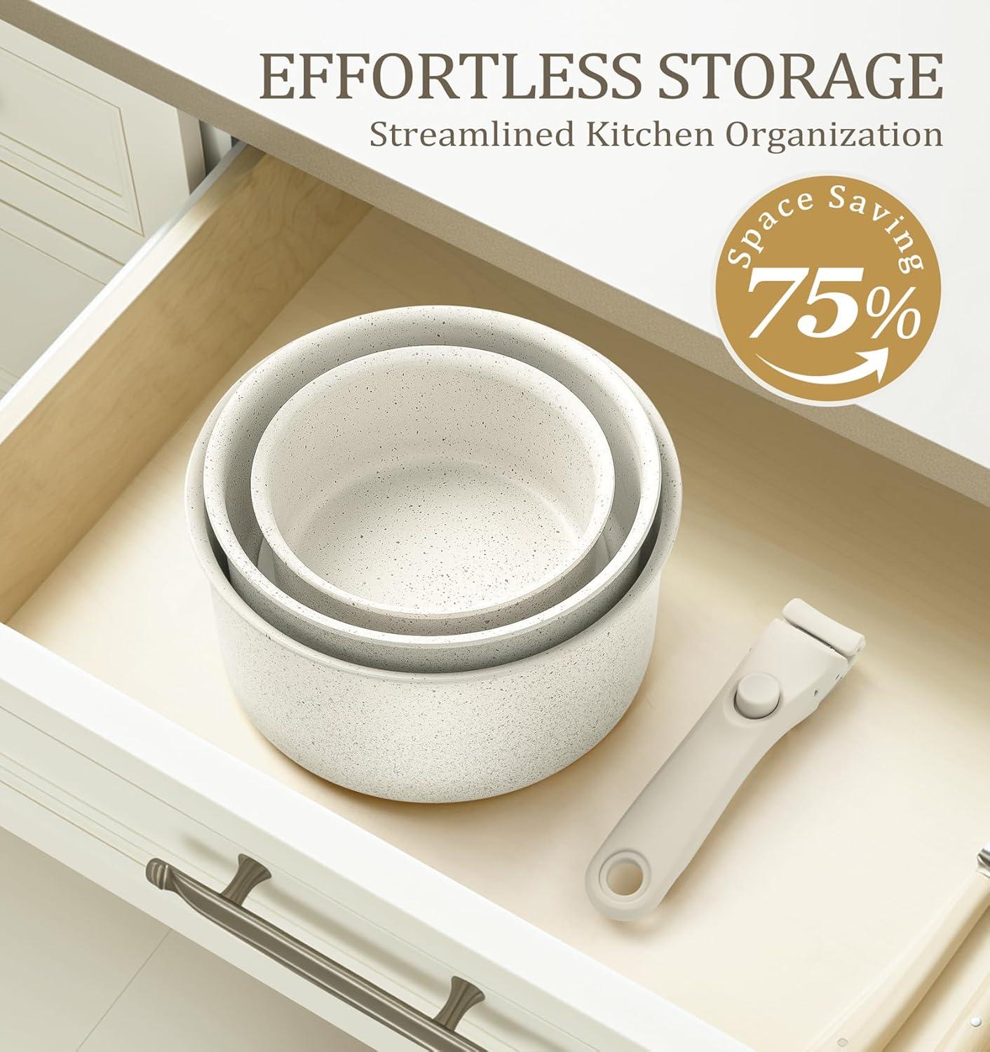 image:imageMICHELANGELO Sauce Pan Set Nonstick 1Qt amp 2 Qt amp 3Qt Pots with Removable Handles Non Toxic Saucepan Set with Detachable Handle Stackable Pot Set for RV Camping Oven Safe 6 PieceWhite