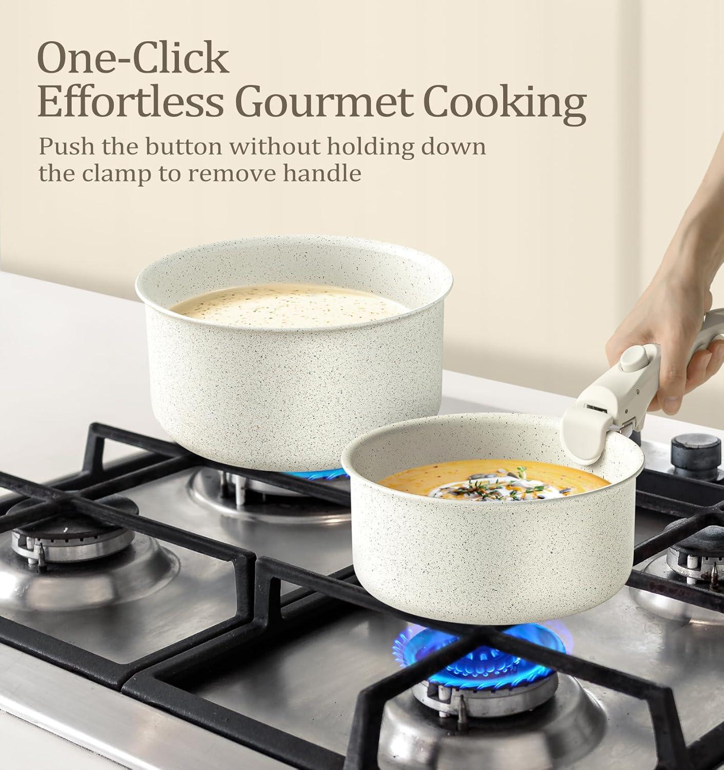 image:imageMICHELANGELO Sauce Pan Set Nonstick 1Qt amp 2 Qt amp 3Qt Pots with Removable Handles Non Toxic Saucepan Set with Detachable Handle Stackable Pot Set for RV Camping Oven Safe 6 PieceWhite
