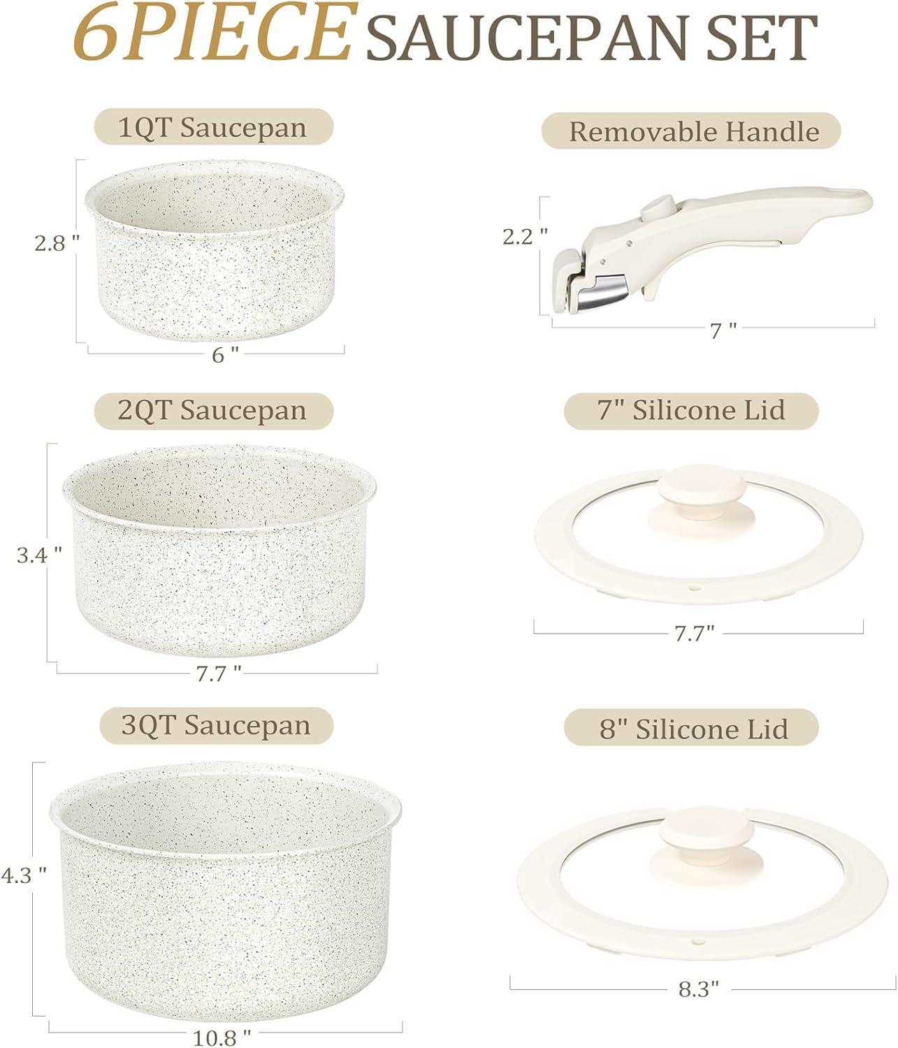 image:imageMICHELANGELO Sauce Pan Set Nonstick 1Qt amp 2 Qt amp 3Qt Pots with Removable Handles Non Toxic Saucepan Set with Detachable Handle Stackable Pot Set for RV Camping Oven Safe 6 PieceWhite