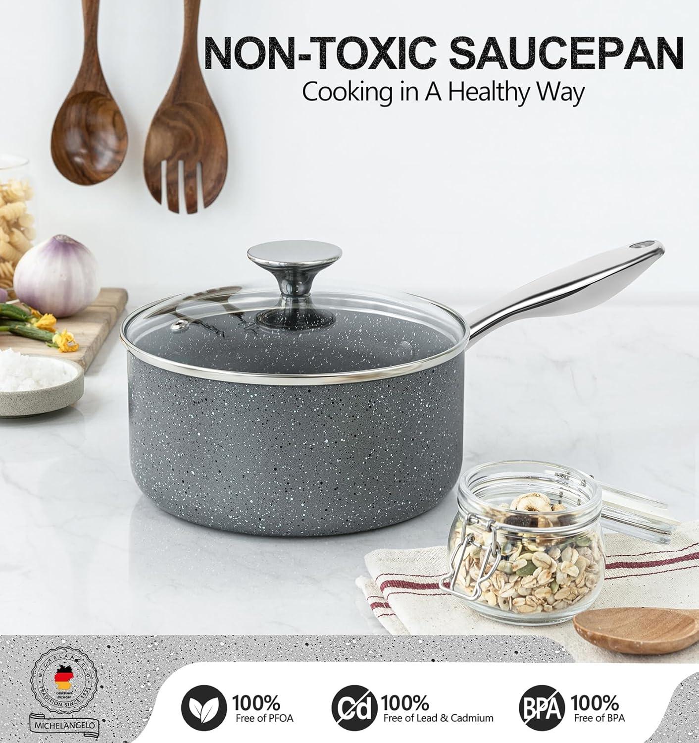 image:imageMICHELANGELO Sauce Pan with Lid Granite Saucepans with Lids 1Qt amp 2Qt amp 3Qt Sauce Pan Sets Nonstick Saucepan Set with Stainless Steel Handle Oven Safe Grey12 3 Quarts