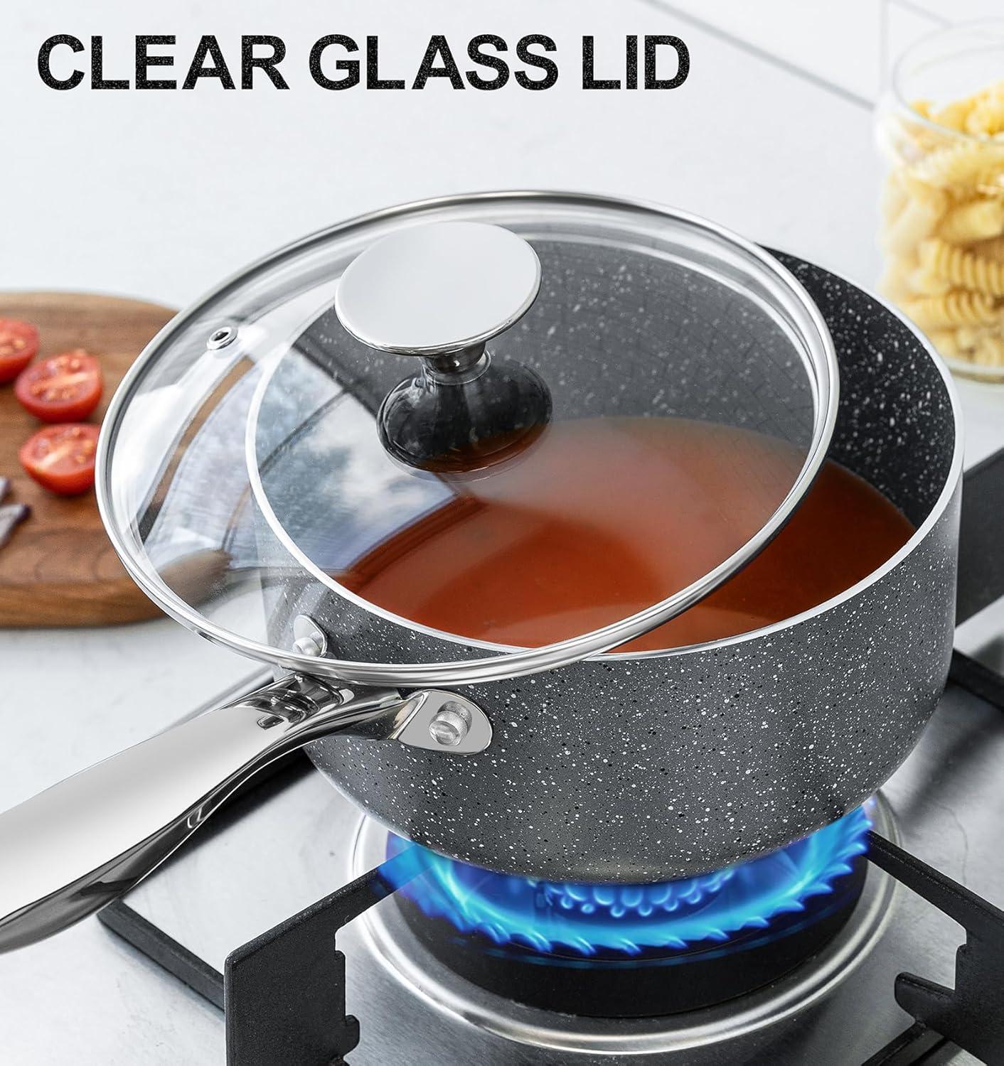 image:imageMICHELANGELO Sauce Pan with Lid Granite Saucepans with Lids 1Qt amp 2Qt amp 3Qt Sauce Pan Sets Nonstick Saucepan Set with Stainless Steel Handle Oven Safe Grey2 Quarts