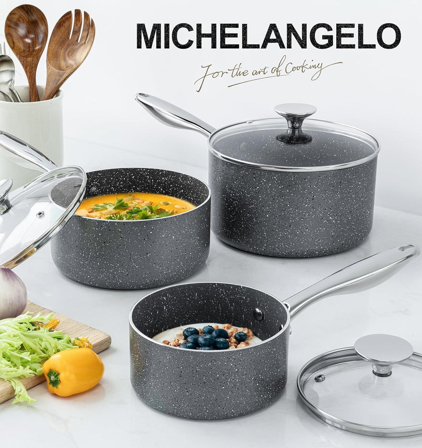 image:imageMICHELANGELO Sauce Pan with Lid Granite Saucepans with Lids 1Qt amp 2Qt amp 3Qt Sauce Pan Sets Nonstick Saucepan Set with Stainless Steel Handle Oven Safe Grey12 3 Quarts