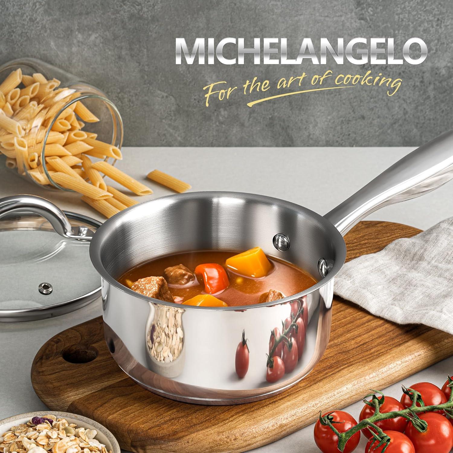 image:imageMICHELANGELO Saucepan Set 6pc 1810 Stainless Steel Sauce Pan with Lid TriPly Bottom Sauce Pot Set Nonstick Saucepan Induction Compatible 1QT amp 2QT amp3QTTriPly Bottom