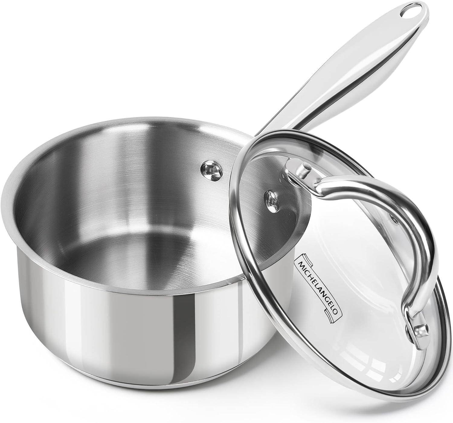 image:imageMICHELANGELO Saucepan Set 6pc 1810 Stainless Steel Sauce Pan with Lid TriPly Bottom Sauce Pot Set Nonstick Saucepan Induction Compatible 1QT amp 2QT amp3QTTriPly Bottom