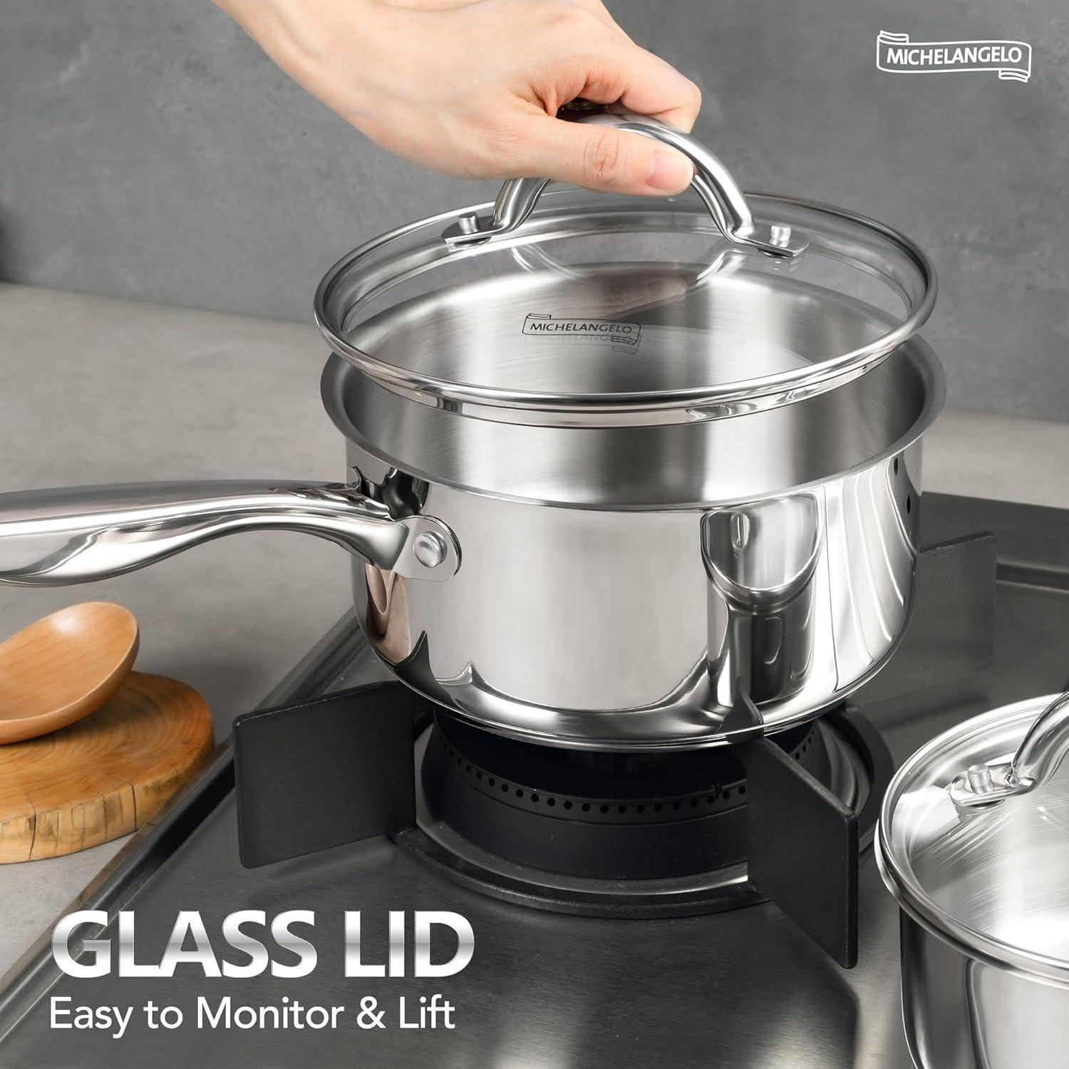image:imageMICHELANGELO Saucepan Set 6pc 1810 Stainless Steel Sauce Pan with Lid TriPly Bottom Sauce Pot Set Nonstick Saucepan Induction Compatible 1QT amp 2QT amp3QTTriPly Bottom
