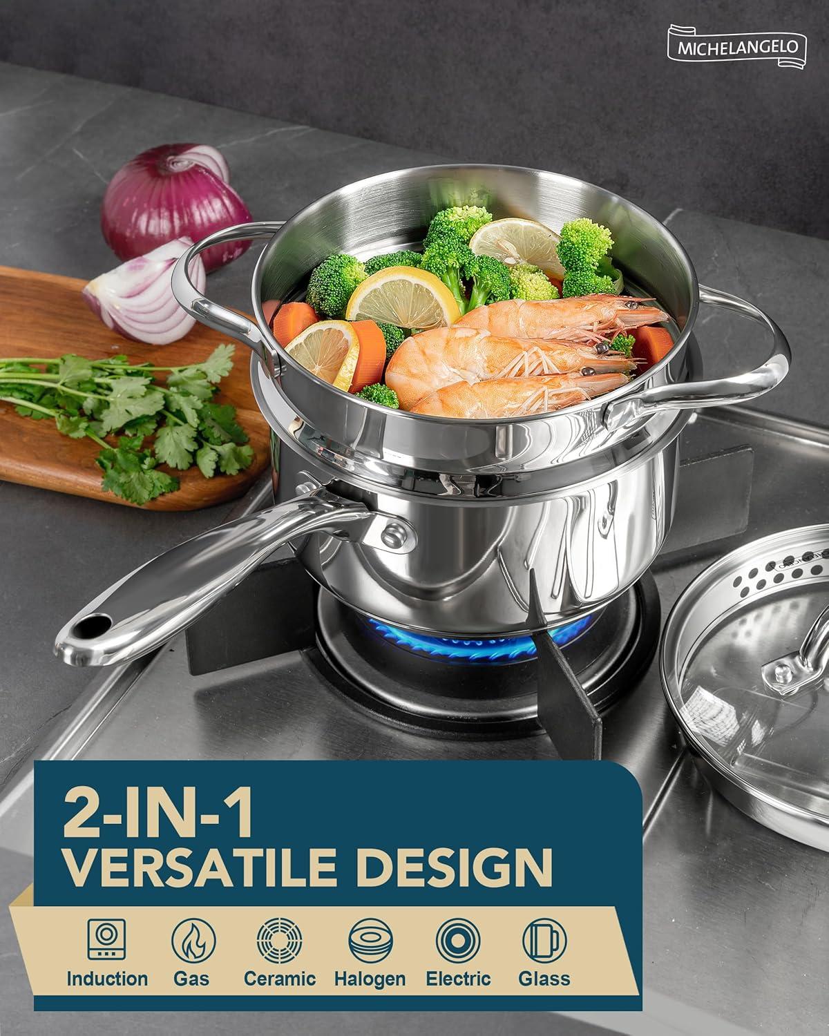 image:imageMICHELANGELO Saucepan Set 6pc 1810 Stainless Steel Sauce Pan with Lid TriPly Bottom Sauce Pot Set Nonstick Saucepan Induction Compatible 1QT amp 2QT amp3QTTriPly Bottom
