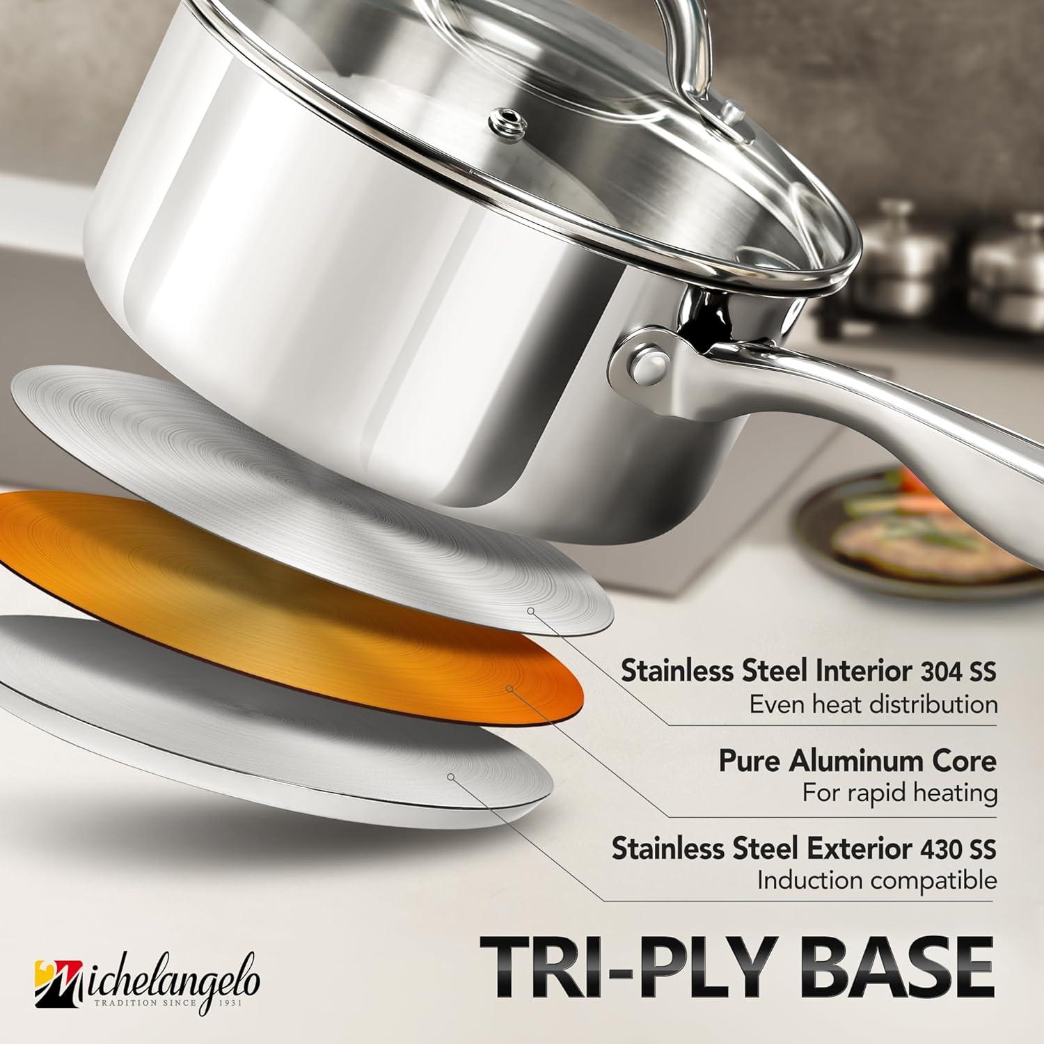 image:imageMICHELANGELO Saucepan Set 6pc 1810 Stainless Steel Sauce Pan with Lid TriPly Bottom Sauce Pot Set Nonstick Saucepan Induction Compatible 1QT amp 2QT amp3QTTriPly Bottom