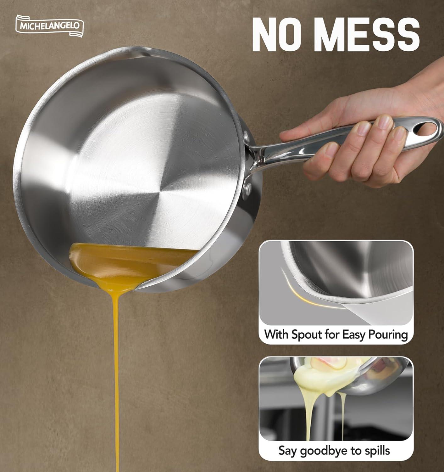 image:imageMICHELANGELO Saucepan Set 6pc 1810 Stainless Steel Sauce Pan with Lid TriPly Bottom Sauce Pot Set Nonstick Saucepan Induction Compatible 1QT amp 2QT amp3QTTriPly Bottom