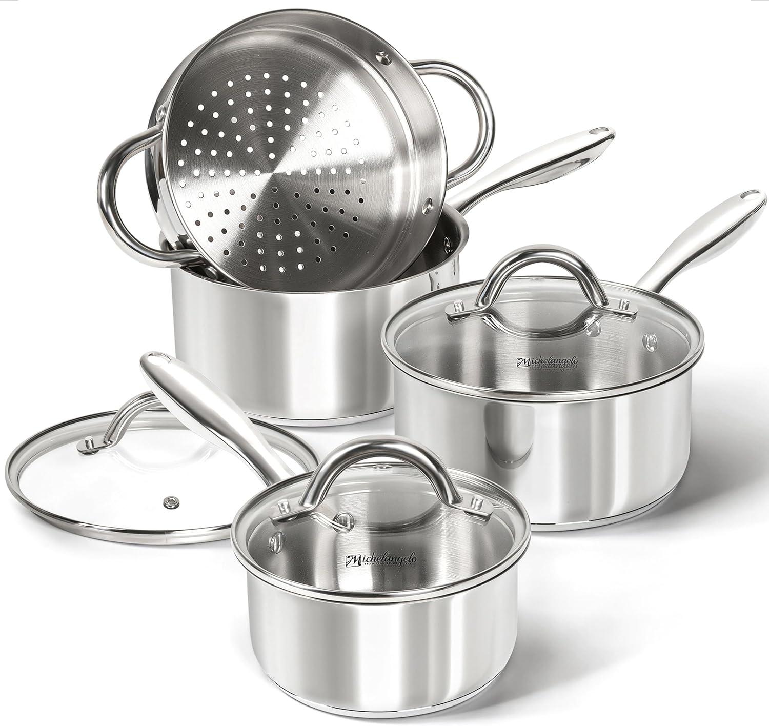 image:imageMICHELANGELO Saucepan Set 6pc 1810 Stainless Steel Sauce Pan with Lid TriPly Bottom Sauce Pot Set Nonstick Saucepan Induction Compatible 1QT amp 2QT amp3QTTriPly Bottom