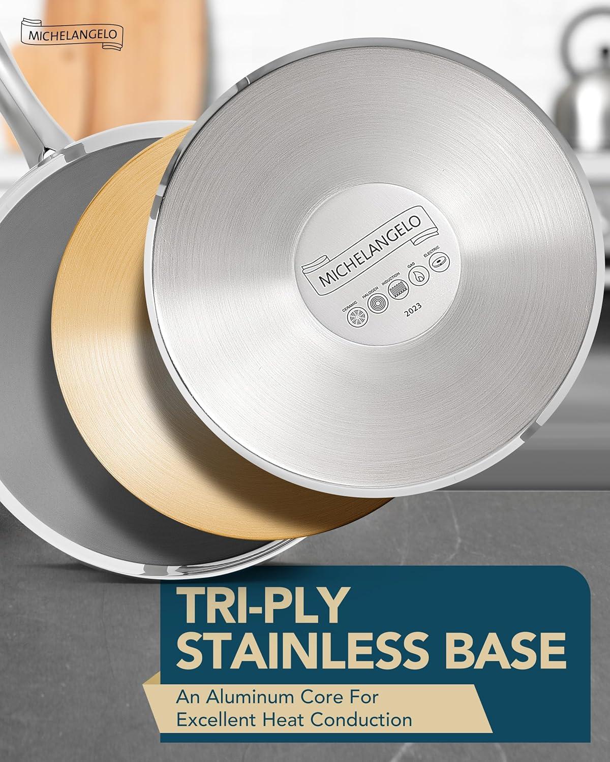 image:imageMICHELANGELO Saucepan Set 6pc 1810 Stainless Steel Sauce Pan with Lid TriPly Bottom Sauce Pot Set Nonstick Saucepan Induction Compatible 1QT amp 2QT amp3QTTriPly Bottom