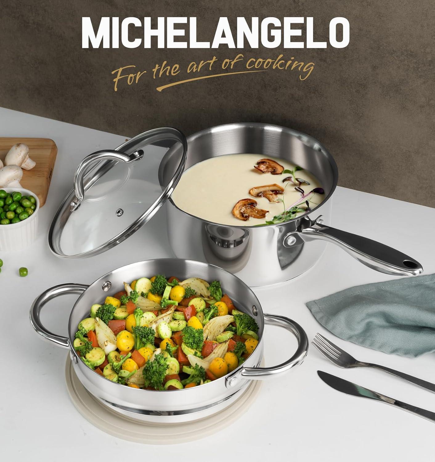image:imageMICHELANGELO Saucepan Set 6pc 1810 Stainless Steel Sauce Pan with Lid TriPly Bottom Sauce Pot Set Nonstick Saucepan Induction Compatible 1QT amp 2QT amp3QTTriPly Bottom