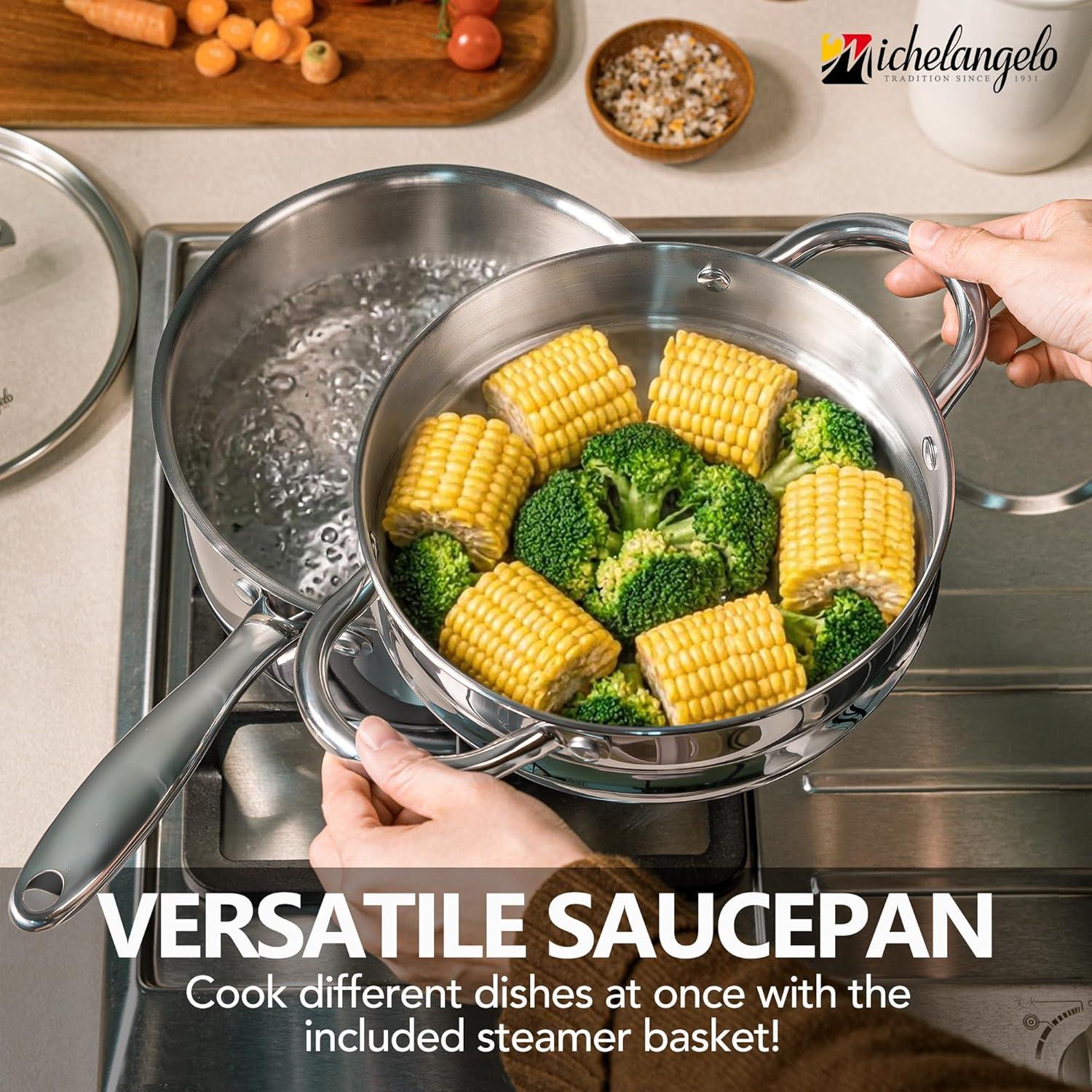 image:imageMICHELANGELO Saucepan Set 6pc 1810 Stainless Steel Sauce Pan with Lid TriPly Bottom Sauce Pot Set Nonstick Saucepan Induction Compatible 1QT amp 2QT amp3QTTriPly Bottom