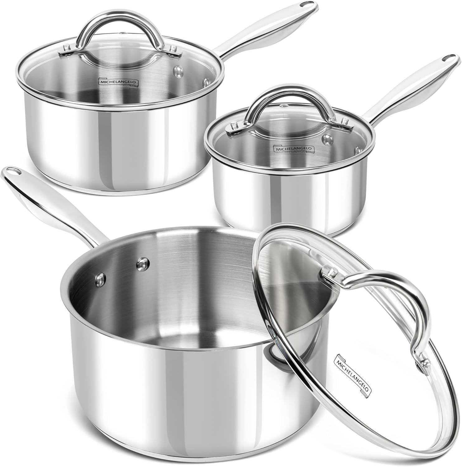 image:imageMICHELANGELO Saucepan Set 6pc 1810 Stainless Steel Sauce Pan with Lid TriPly Bottom Sauce Pot Set Nonstick Saucepan Induction Compatible 1QT amp 2QT amp3QTTriPly Bottom