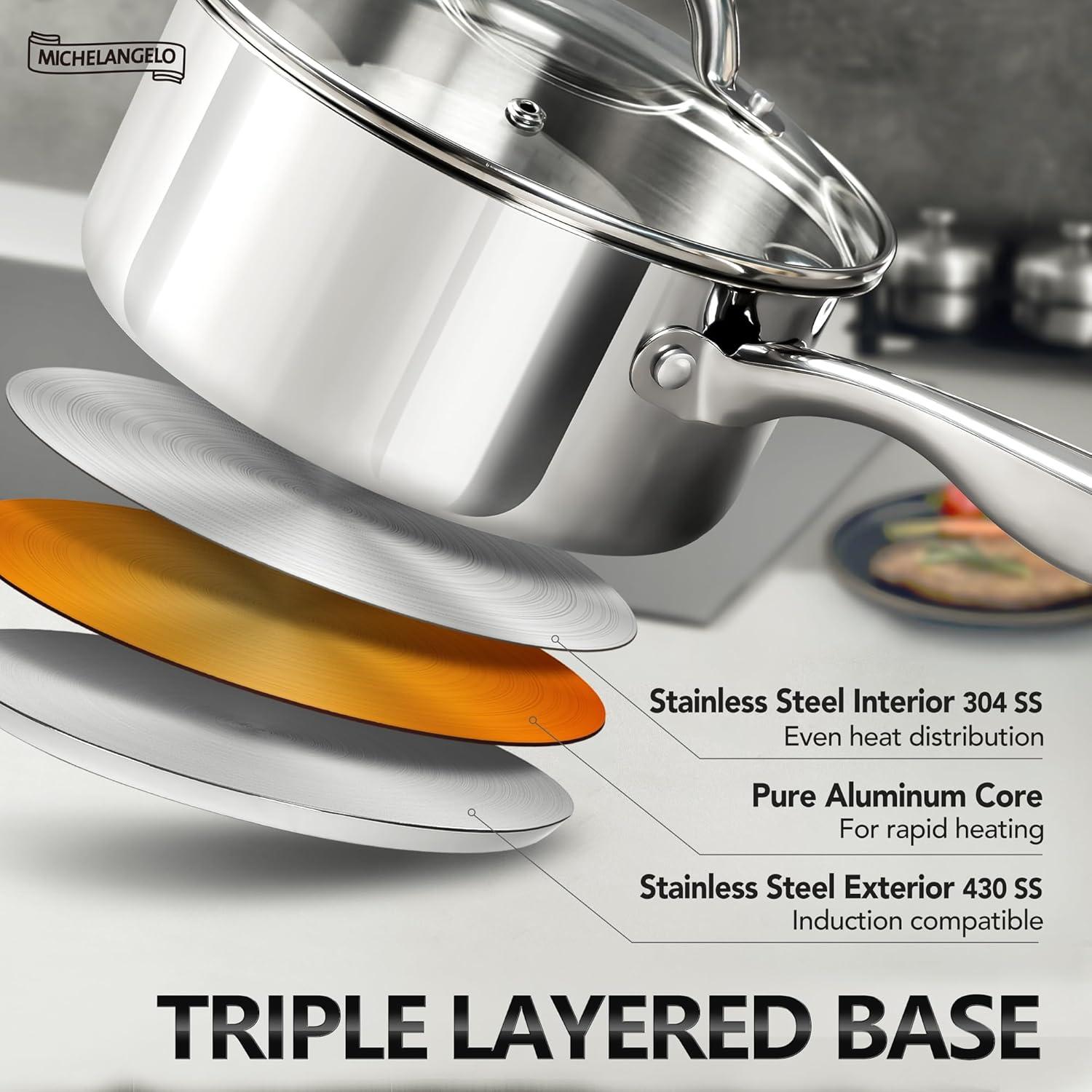 image:imageMICHELANGELO Saucepan Set 6pc 1810 Stainless Steel Sauce Pan with Lid TriPly Bottom Sauce Pot Set Nonstick Saucepan Induction Compatible 1QT amp 2QT amp3QTTriPly Bottom