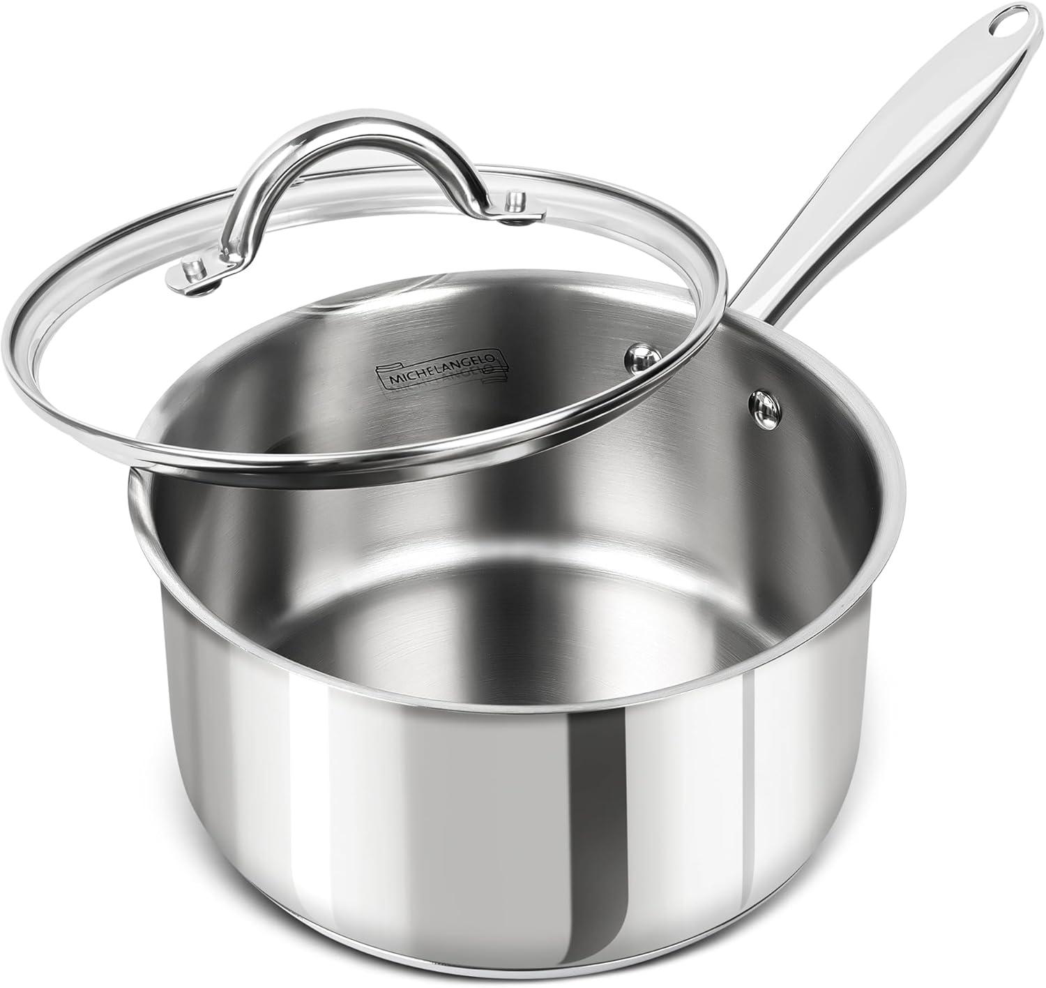 image:imageMICHELANGELO Saucepan Set 6pc 1810 Stainless Steel Sauce Pan with Lid TriPly Bottom Sauce Pot Set Nonstick Saucepan Induction Compatible 1QT amp 2QT amp3QTTriPly Bottom