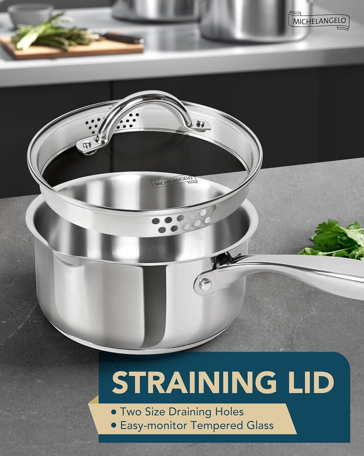 image:imageMICHELANGELO Saucepan Set 6pc 1810 Stainless Steel Sauce Pan with Lid TriPly Bottom Sauce Pot Set Nonstick Saucepan Induction Compatible 1QT amp 2QT amp3QTTriPly Bottom