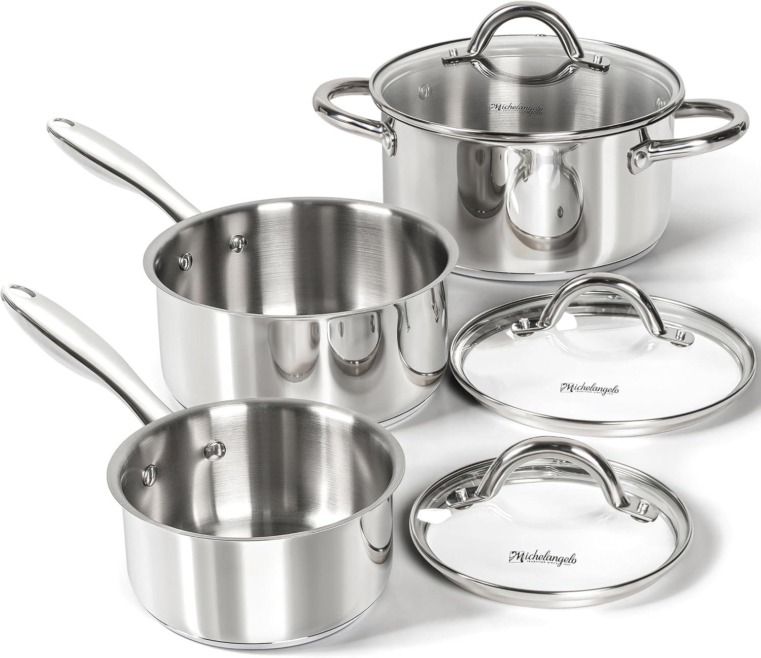 image:imageMICHELANGELO Saucepan Set 6pc 1810 Stainless Steel Sauce Pan with Lid TriPly Bottom Sauce Pot Set Nonstick Saucepan Induction Compatible 1QT amp 2QT amp3QTTriPly Bottom