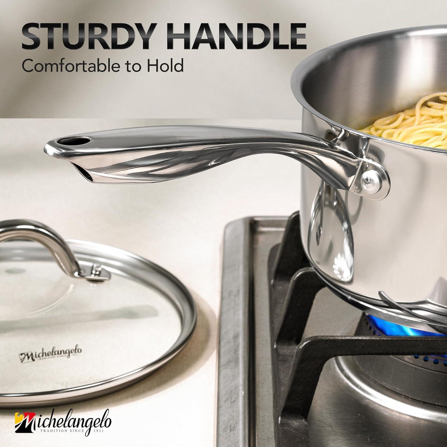 image:imageMICHELANGELO Saucepan Set 6pc 1810 Stainless Steel Sauce Pan with Lid TriPly Bottom Sauce Pot Set Nonstick Saucepan Induction Compatible 1QT amp 2QT amp3QTTriPly Bottom