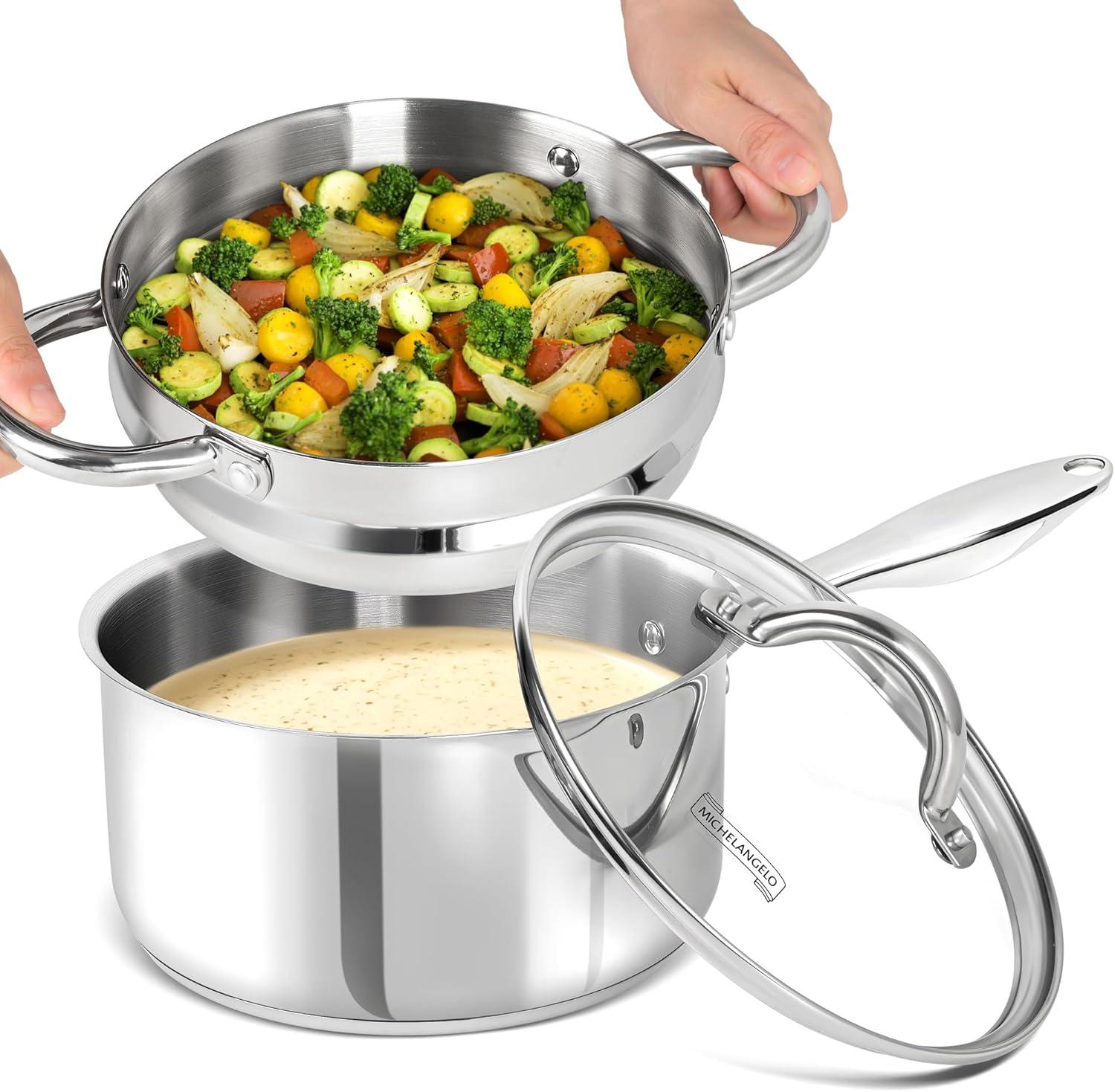 image:imageMICHELANGELO Saucepan Set 6pc 1810 Stainless Steel Sauce Pan with Lid TriPly Bottom Sauce Pot Set Nonstick Saucepan Induction Compatible 1QT amp 2QT amp3QTTriPly Bottom