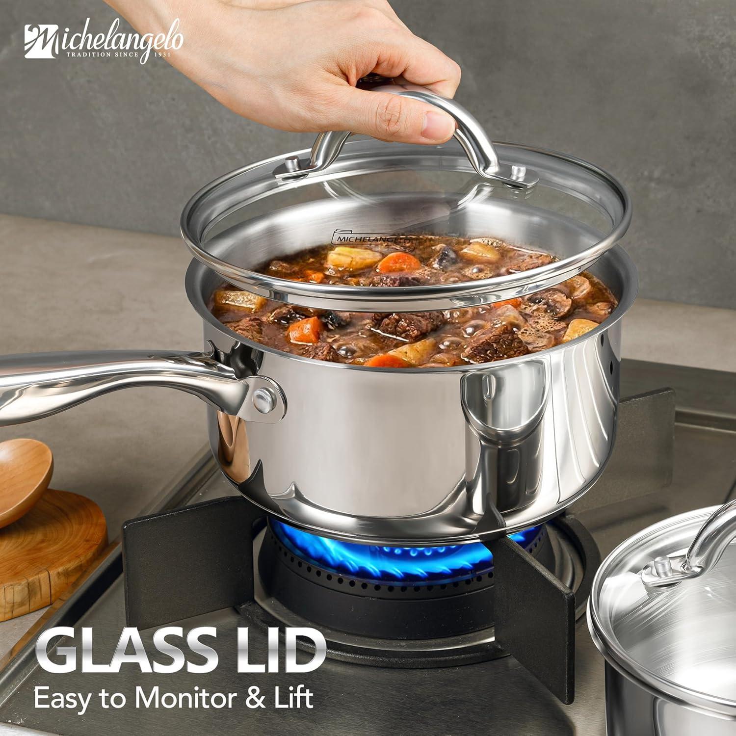image:imageMICHELANGELO Saucepan Set 6pc 1810 Stainless Steel Sauce Pan with Lid TriPly Bottom Sauce Pot Set Nonstick Saucepan Induction Compatible 1QT amp 2QT amp3QTTriPly Bottom