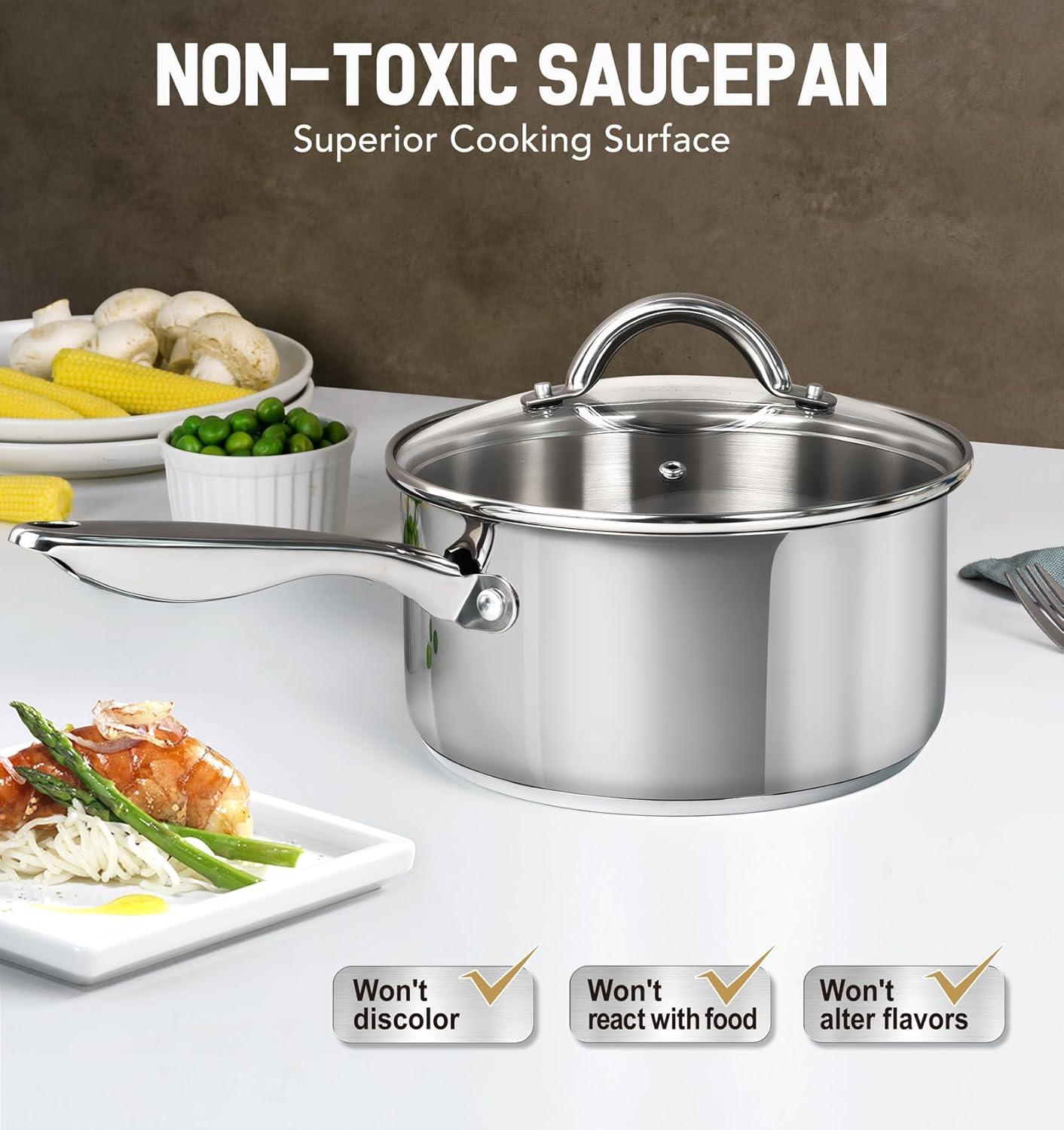 image:imageMICHELANGELO Saucepan Set 6pc 1810 Stainless Steel Sauce Pan with Lid TriPly Bottom Sauce Pot Set Nonstick Saucepan Induction Compatible 1QT amp 2QT amp3QTTriPly Bottom