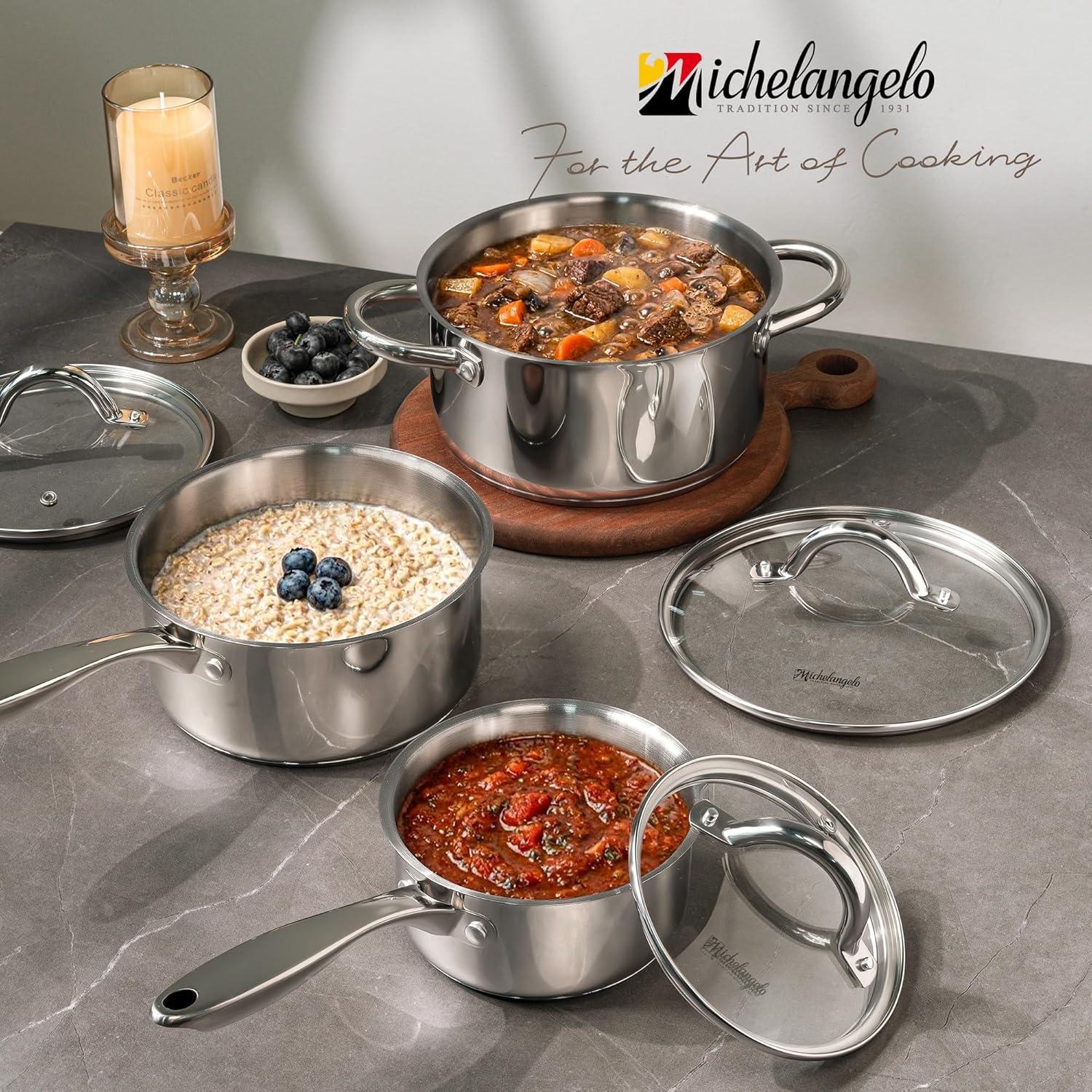 image:imageMICHELANGELO Saucepan Set 6pc 1810 Stainless Steel Sauce Pan with Lid TriPly Bottom Sauce Pot Set Nonstick Saucepan Induction Compatible 1QT amp 2QT amp3QTTriPly Bottom