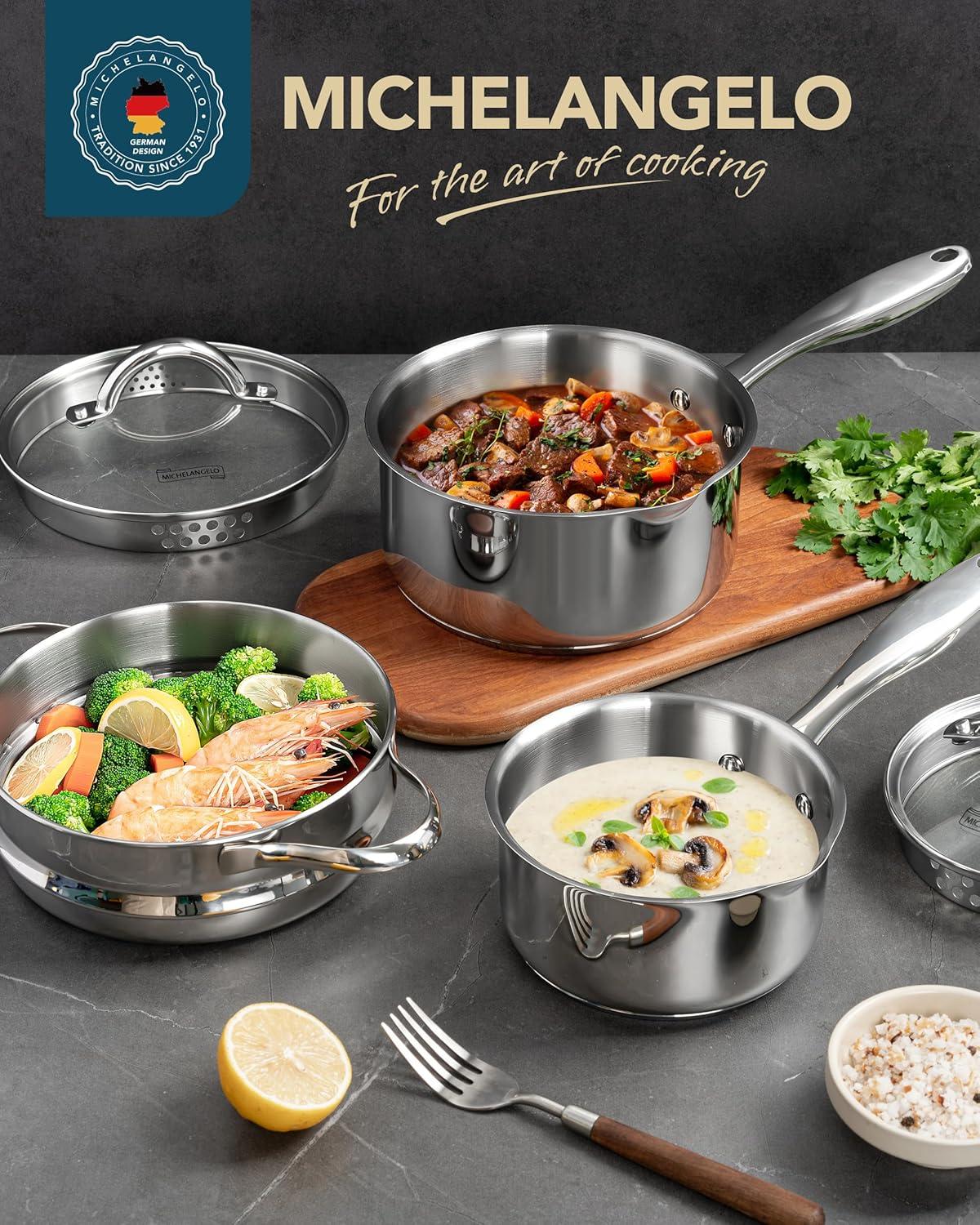 image:imageMICHELANGELO Saucepan Set 6pc 1810 Stainless Steel Sauce Pan with Lid TriPly Bottom Sauce Pot Set Nonstick Saucepan Induction Compatible 1QT amp 2QT amp3QTTriPly Bottom