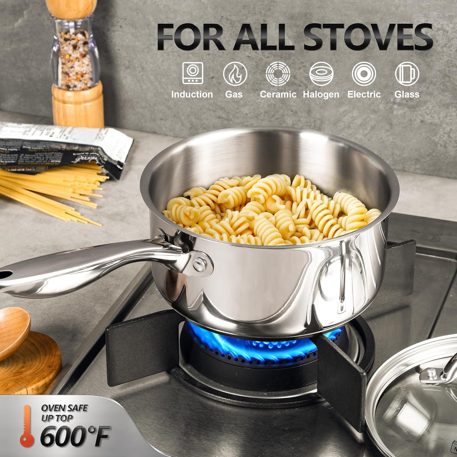 image:imageMICHELANGELO Saucepan Set 6pc 1810 Stainless Steel Sauce Pan with Lid TriPly Bottom Sauce Pot Set Nonstick Saucepan Induction Compatible 1QT amp 2QT amp3QTTriPly Bottom