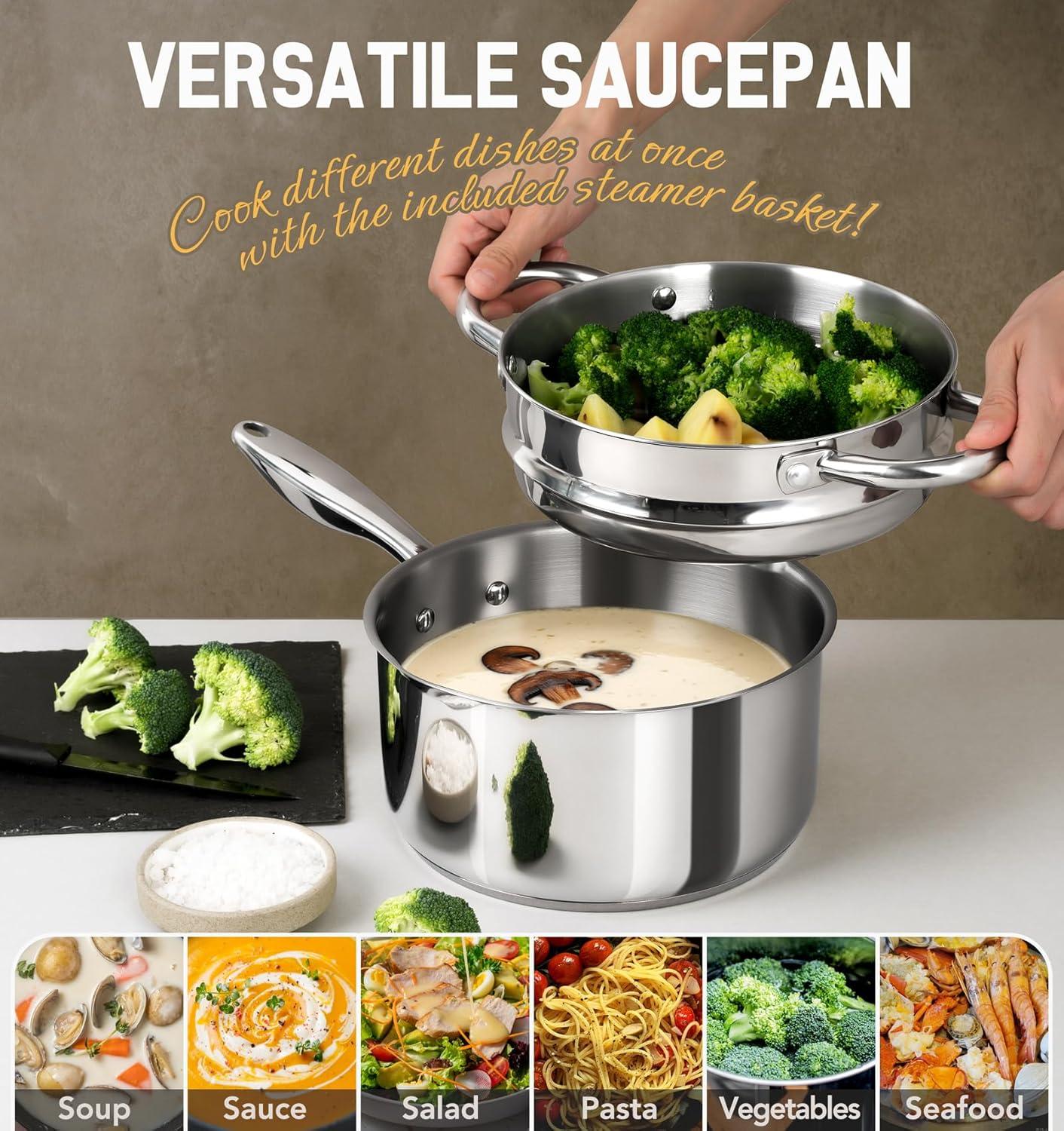image:imageMICHELANGELO Saucepan Set 6pc 1810 Stainless Steel Sauce Pan with Lid TriPly Bottom Sauce Pot Set Nonstick Saucepan Induction Compatible 1QT amp 2QT amp3QTTriPly Bottom