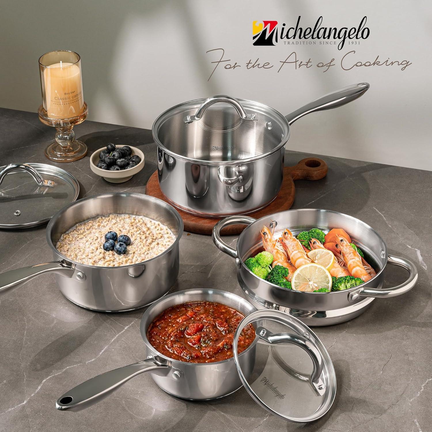 image:imageMICHELANGELO Saucepan Set 6pc 1810 Stainless Steel Sauce Pan with Lid TriPly Bottom Sauce Pot Set Nonstick Saucepan Induction Compatible 1QT amp 2QT amp3QTTriPly Bottom
