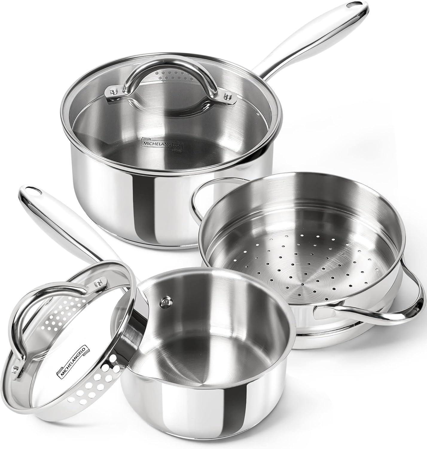 image:imageMICHELANGELO Saucepan Set 6pc 1810 Stainless Steel Sauce Pan with Lid TriPly Bottom Sauce Pot Set Nonstick Saucepan Induction Compatible 1QT amp 2QT amp3QTTriPly Bottom