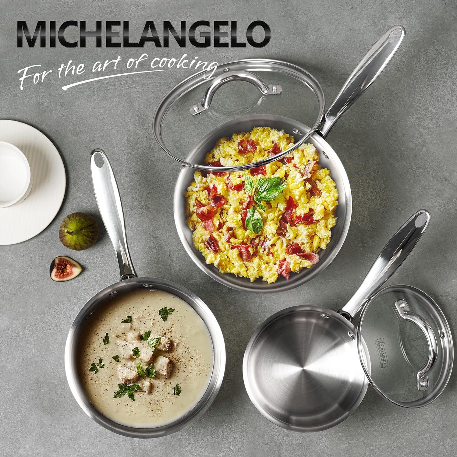 image:imageMICHELANGELO Saucepan Set 6pc 1810 Stainless Steel Sauce Pan with Lid TriPly Bottom Sauce Pot Set Nonstick Saucepan Induction Compatible 1QT amp 2QT amp3QTTriPly Bottom