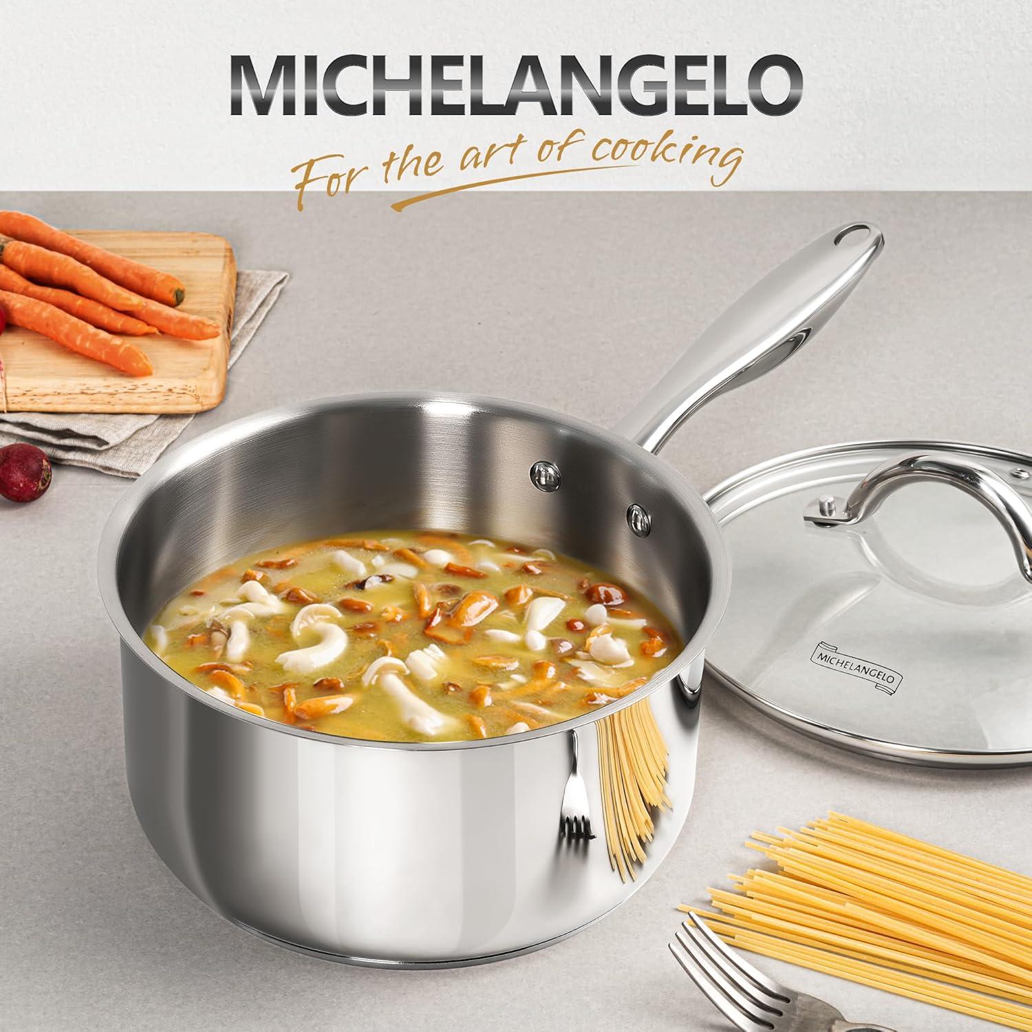 image:imageMICHELANGELO Saucepan Set 6pc 1810 Stainless Steel Sauce Pan with Lid TriPly Bottom Sauce Pot Set Nonstick Saucepan Induction Compatible 1QT amp 2QT amp3QTTriPly Bottom