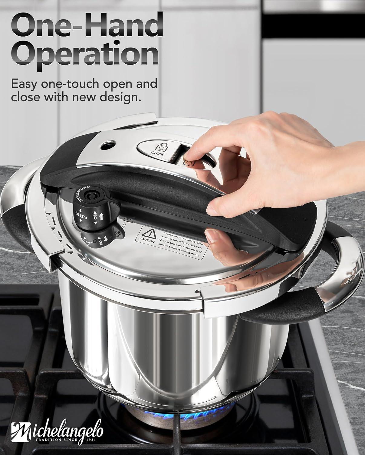 image:imageMICHELANGELO Small Pressure Cooker Stainless Steel 32 Quart Olla de Presion OneHand Locking System Induction Compatible with Glass Lid amp Steamer32 Quarts
