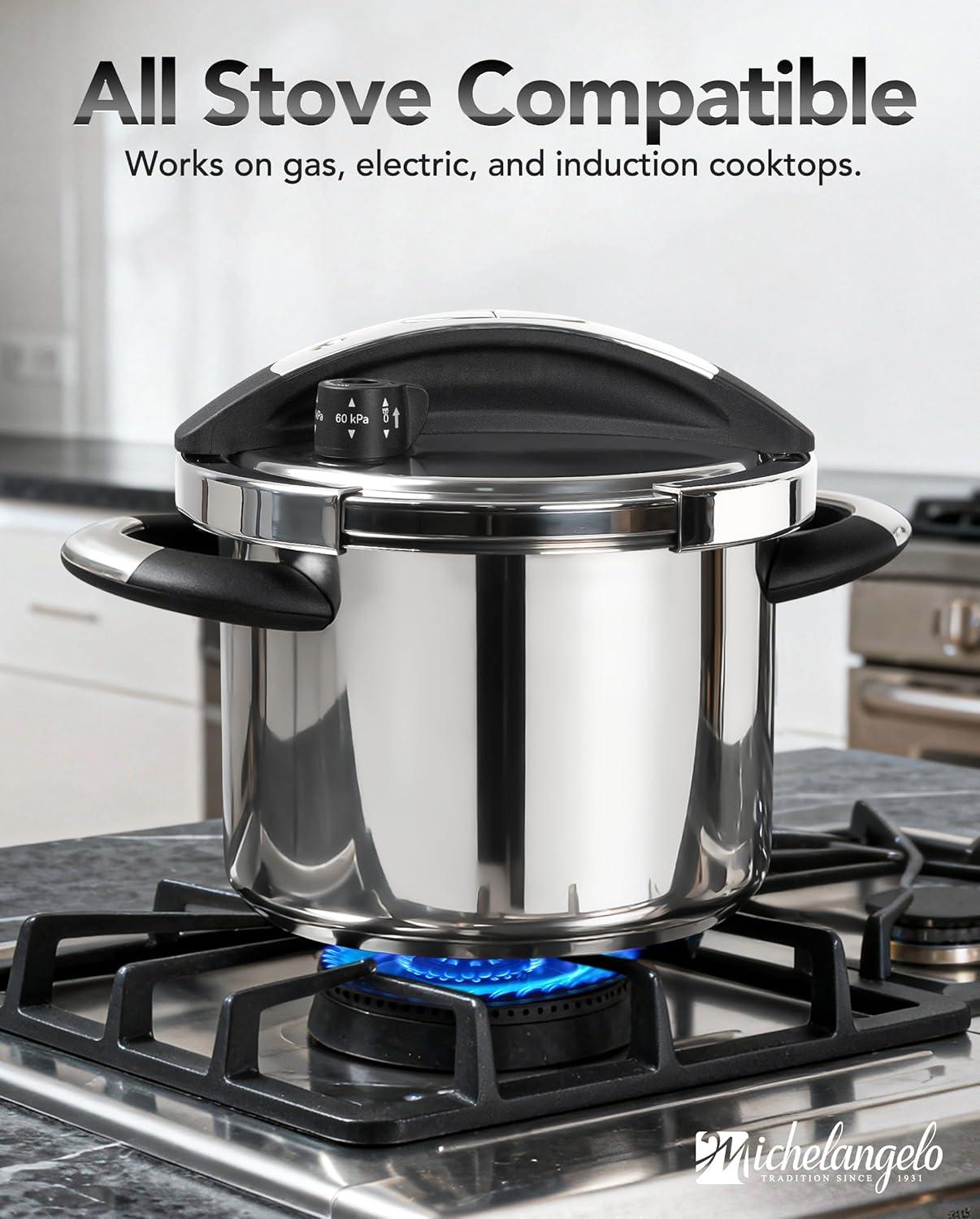 image:imageMICHELANGELO Small Pressure Cooker Stainless Steel 32 Quart Olla de Presion OneHand Locking System Induction Compatible with Glass Lid amp Steamer32 Quarts