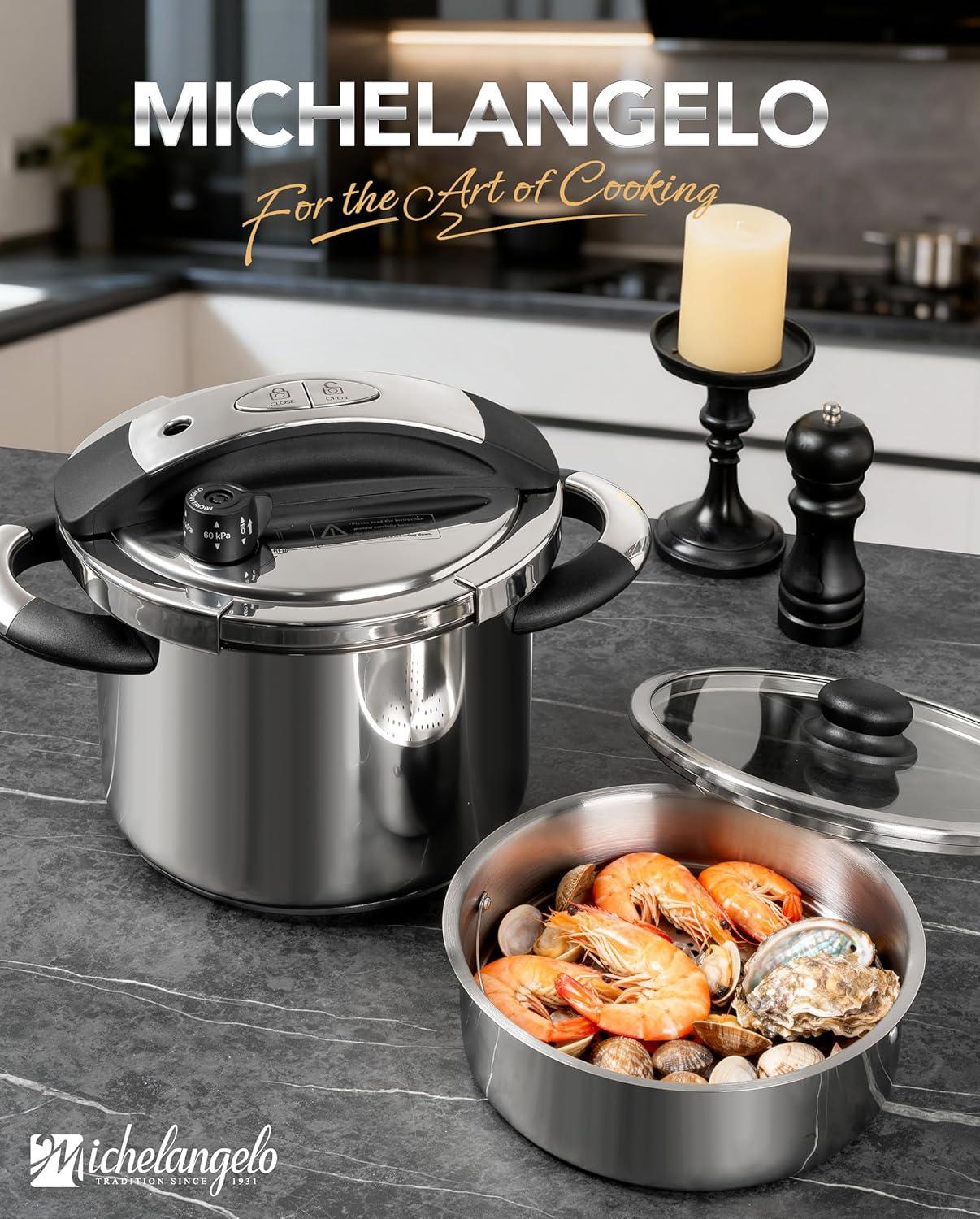 image:imageMICHELANGELO Small Pressure Cooker Stainless Steel 32 Quart Olla de Presion OneHand Locking System Induction Compatible with Glass Lid amp Steamer63 Quarts