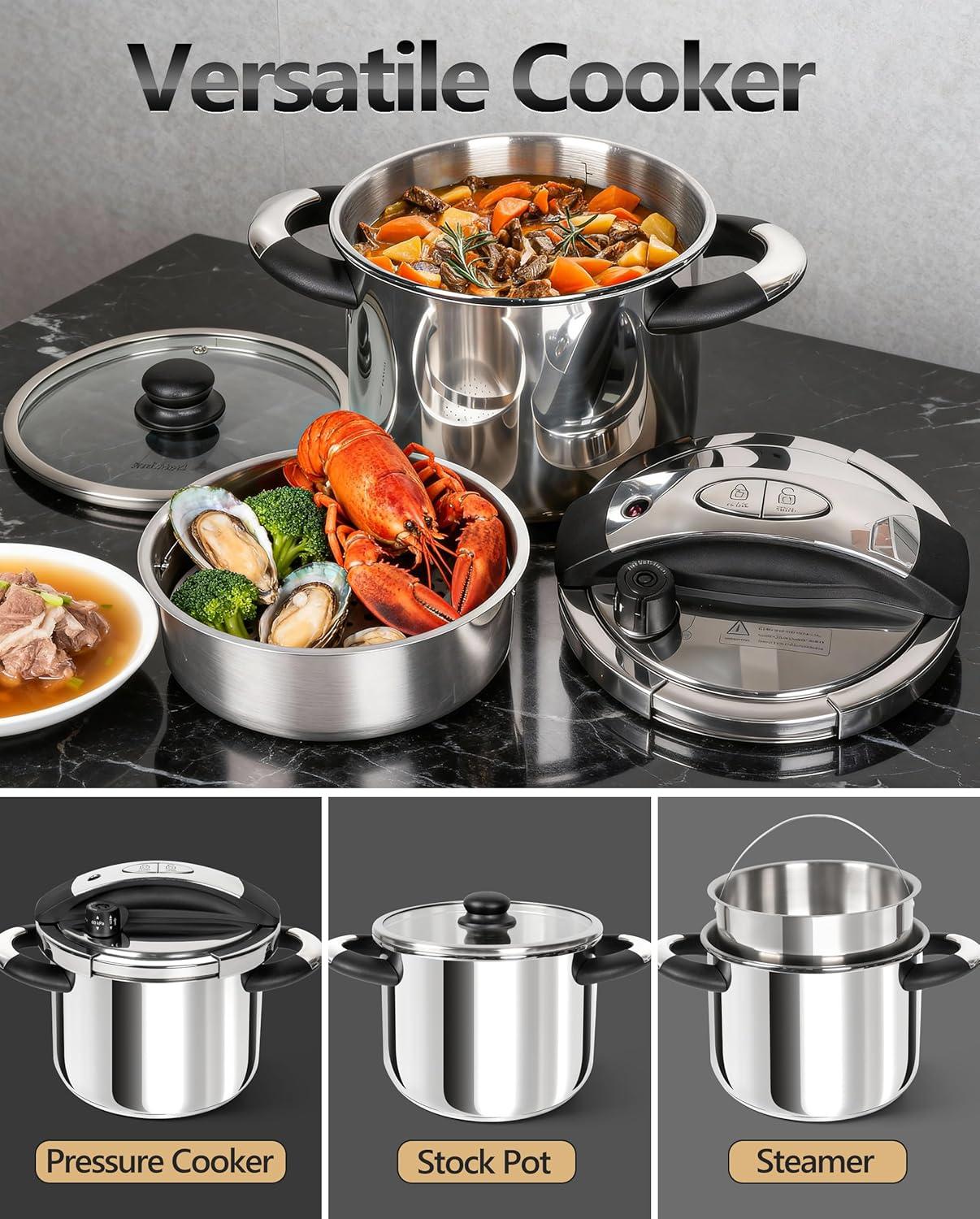 image:imageMICHELANGELO Small Pressure Cooker Stainless Steel 32 Quart Olla de Presion OneHand Locking System Induction Compatible with Glass Lid amp Steamer63 Quarts