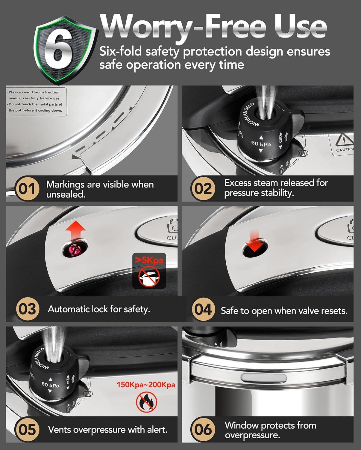 image:imageMICHELANGELO Small Pressure Cooker Stainless Steel 32 Quart Olla de Presion OneHand Locking System Induction Compatible with Glass Lid amp Steamer63 Quarts