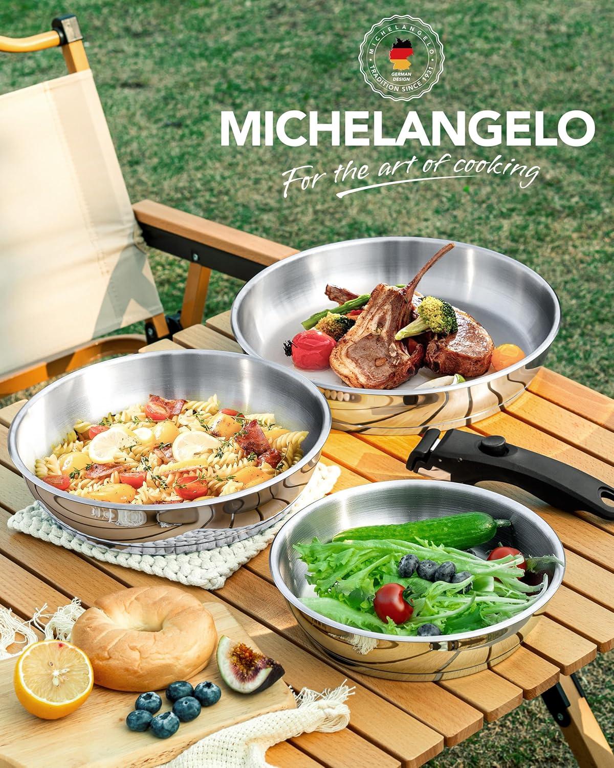 image:imageMICHELANGELO Stainless Steel Frying Pan Set Cooking Pans with Removable Handle Triply Base Stainless Steel Pan Set Induction Compatible Skillet 8 amp 95 amp 11