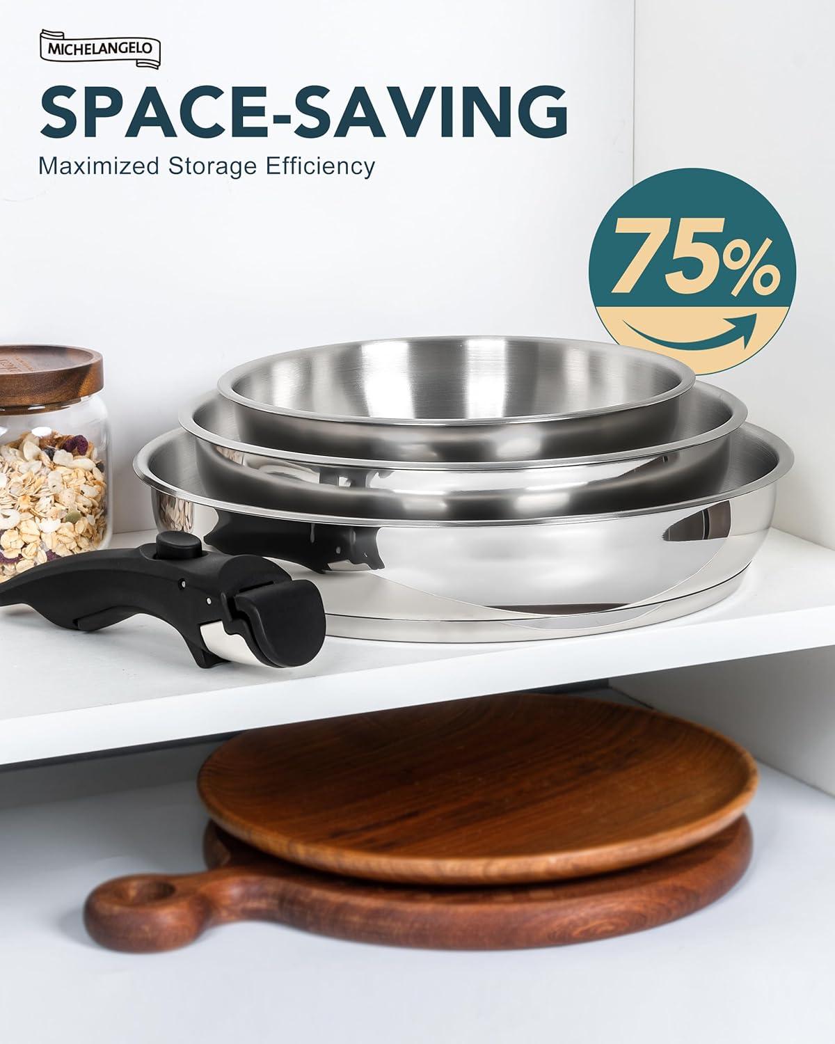 image:imageMICHELANGELO Stainless Steel Frying Pan Set Cooking Pans with Removable Handle Triply Base Stainless Steel Pan Set Induction Compatible Skillet 8 amp 95 amp 11
