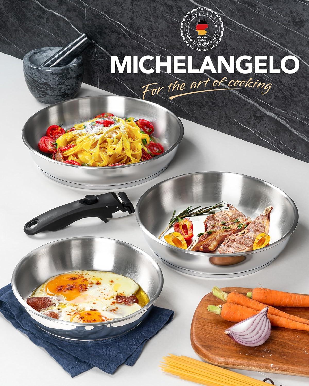 image:imageMICHELANGELO Stainless Steel Frying Pan Set Cooking Pans with Removable Handle Triply Base Stainless Steel Pan Set Induction Compatible Skillet 8 amp 95 amp 11