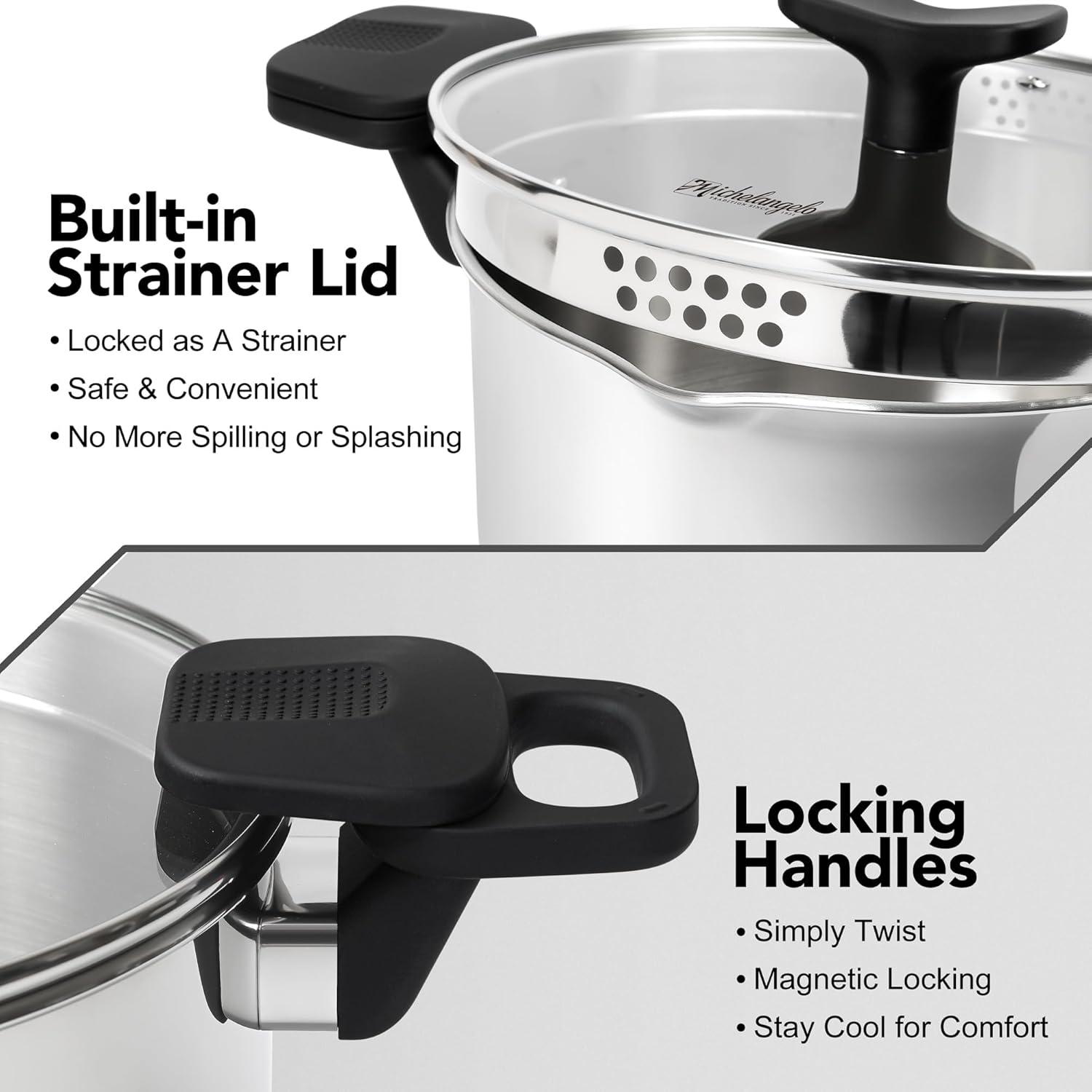 image:imageMICHELANGELO Stainless Steel Pasta Pot with Strainer Lid Pasta Cooker 8 Quart Induction Pot with Lid 8 Qt Spaghetti Pot with Silicone Handle8 Quart