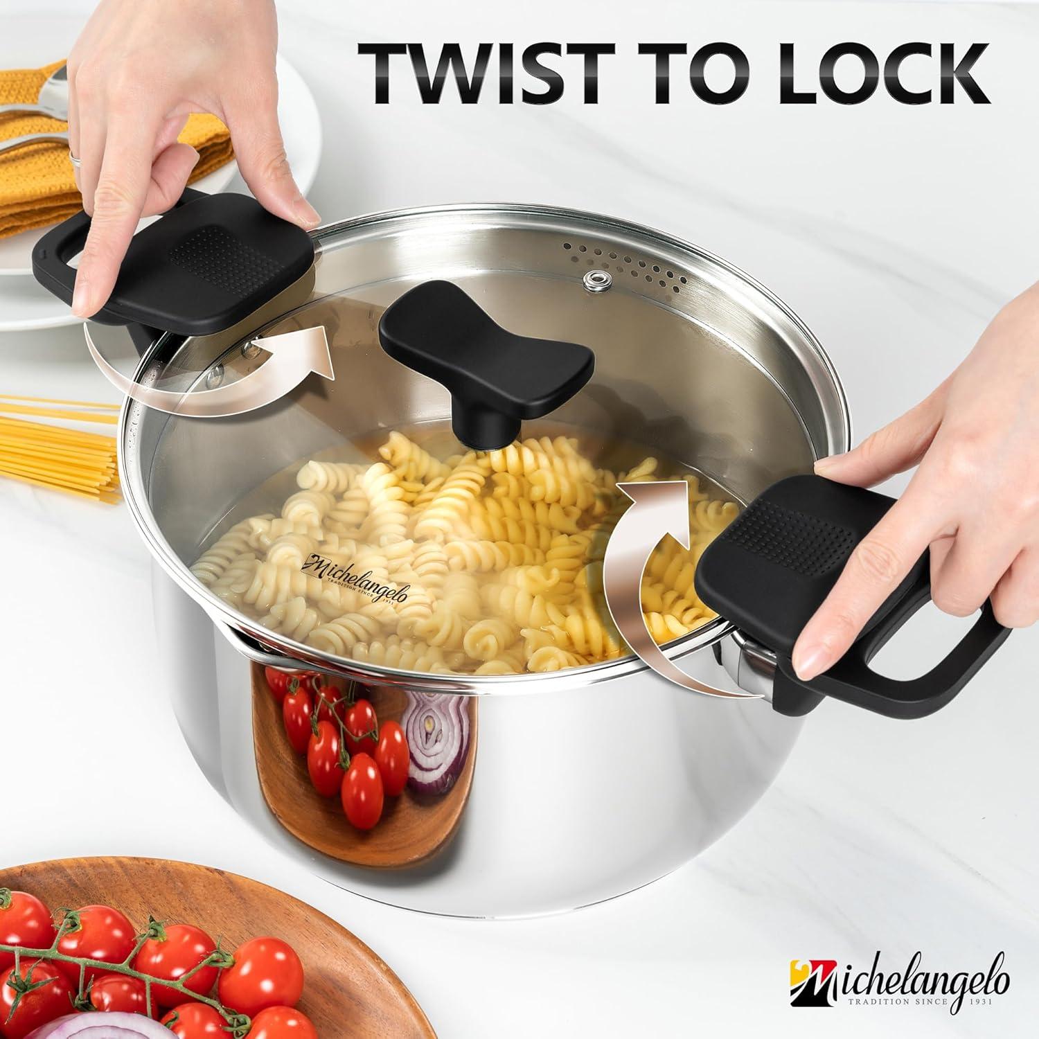 image:imageMICHELANGELO Stainless Steel Pasta Pot with Strainer Lid Pasta Cooker 8 Quart Induction Pot with Lid 8 Qt Spaghetti Pot with Silicone Handle8 Quart