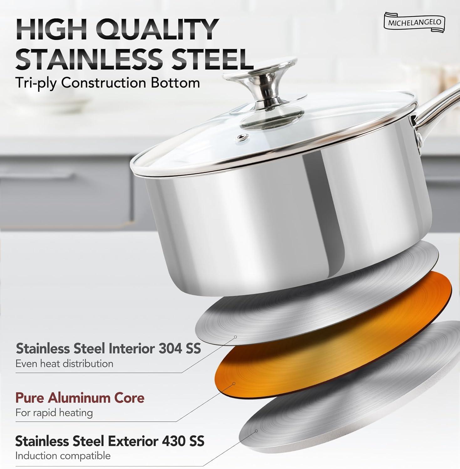 image:imageMICHELANGELO Stainless Steel Pot Set with Lids 1QT amp 2QT amp 3QT Stainless Steel Saucepan Set 6pcs 1810 Induction Saucepans Induction Compatible Dishwasher SafeTriPly Bottom