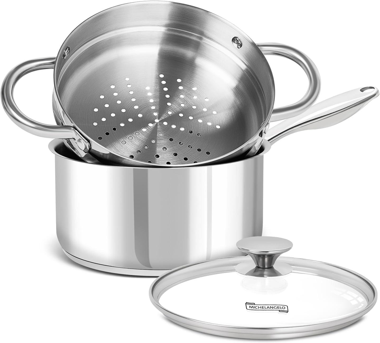 image:imageMICHELANGELO Stainless Steel Pot Set with Lids 1QT amp 2QT amp 3QT Stainless Steel Saucepan Set 6pcs 1810 Induction Saucepans Induction Compatible Dishwasher SafeTriPly Bottom