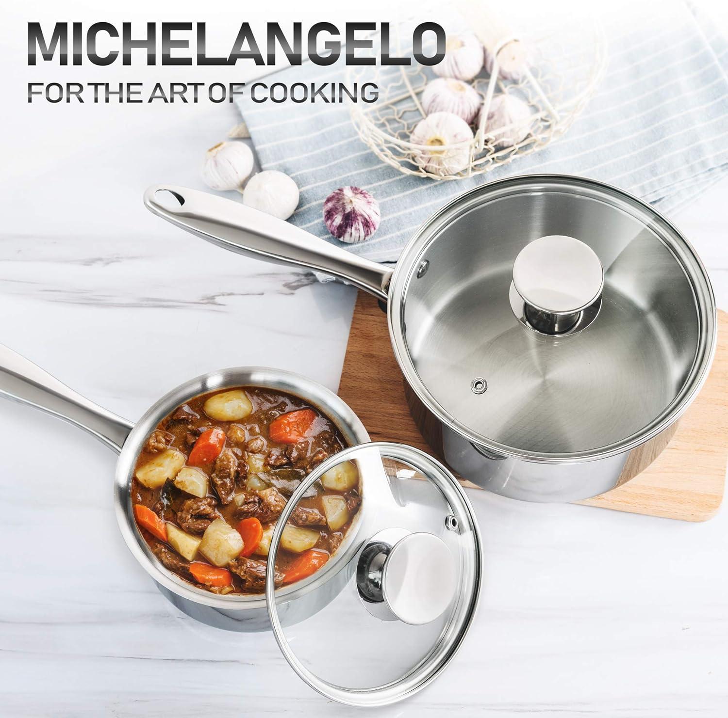 image:imageMICHELANGELO Stainless Steel Pot Set with Lids 1QT amp 2QT amp 3QT Stainless Steel Saucepan Set 6pcs 1810 Induction Saucepans Induction Compatible Dishwasher SafeTriPly Bottom