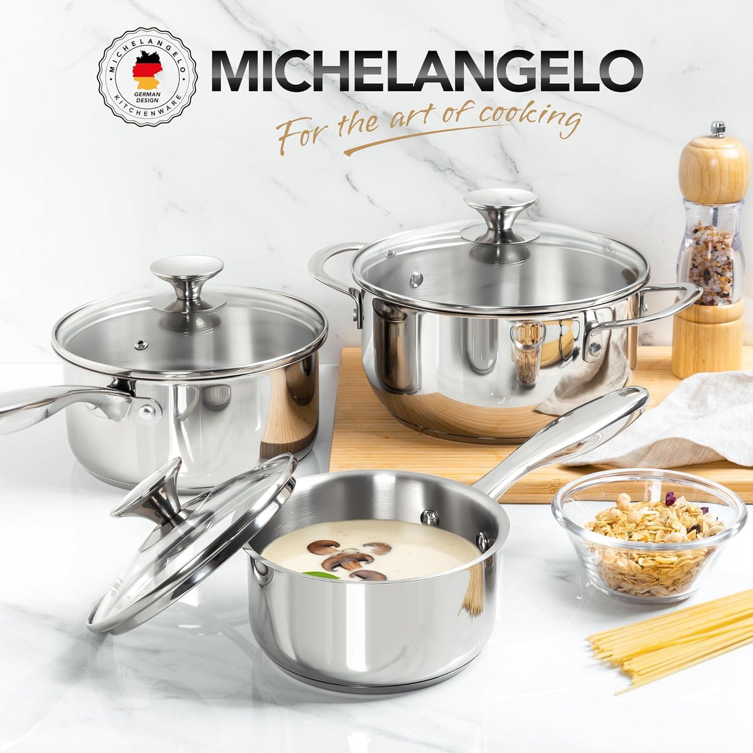 image:imageMICHELANGELO Stainless Steel Pot Set with Lids 1QT amp 2QT amp 3QT Stainless Steel Saucepan Set 6pcs 1810 Induction Saucepans Induction Compatible Dishwasher SafeTriPly Bottom