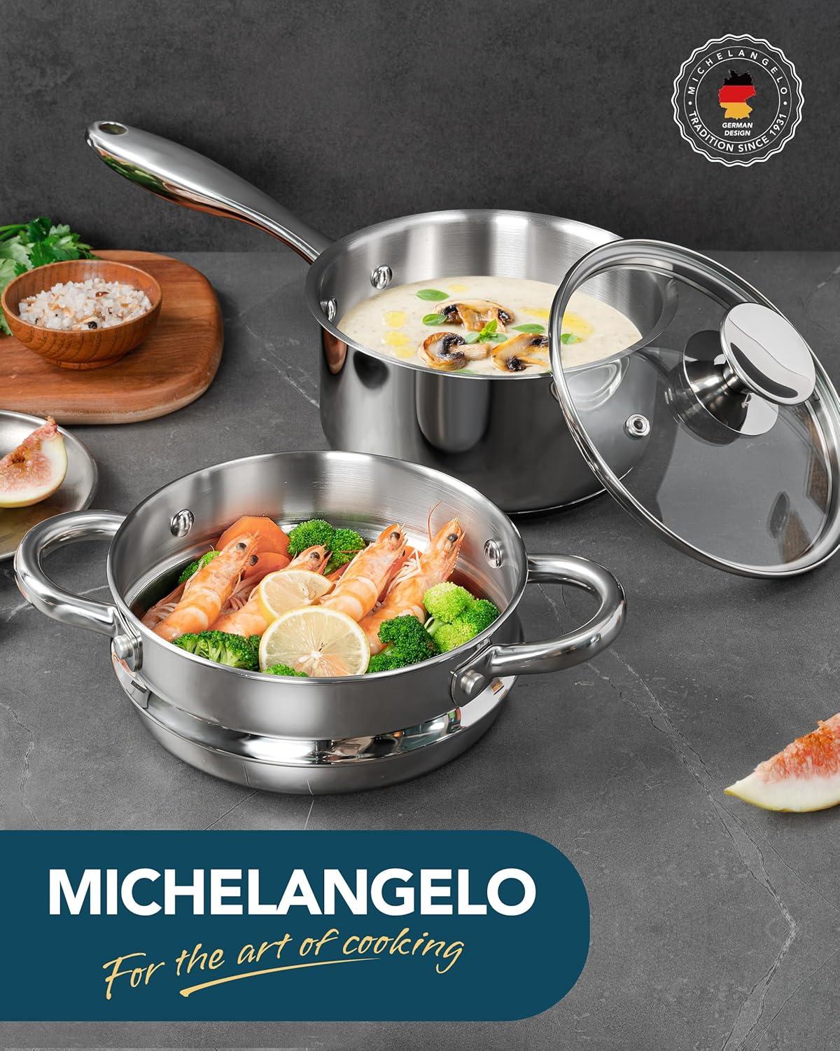 image:imageMICHELANGELO Stainless Steel Pot Set with Lids 1QT amp 2QT amp 3QT Stainless Steel Saucepan Set 6pcs 1810 Induction Saucepans Induction Compatible Dishwasher SafeTriPly Bottom