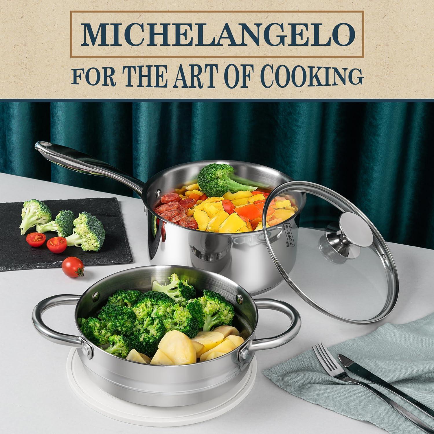 image:imageMICHELANGELO Stainless Steel Pot Set with Lids 1QT amp 2QT amp 3QT Stainless Steel Saucepan Set 6pcs 1810 Induction Saucepans Induction Compatible Dishwasher SafeTriPly Bottom