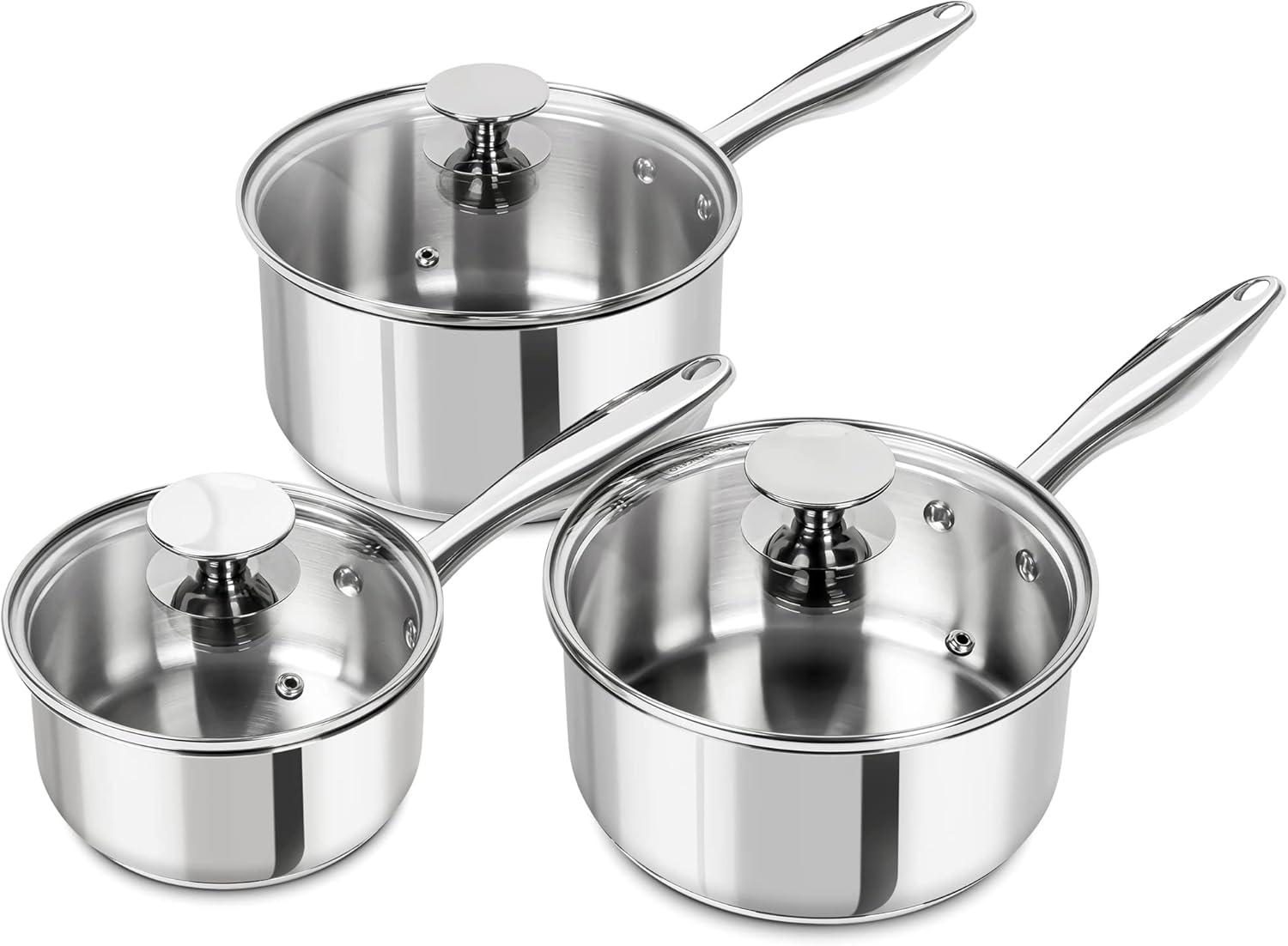image:imageMICHELANGELO Stainless Steel Pot Set with Lids 1QT amp 2QT amp 3QT Stainless Steel Saucepan Set 6pcs 1810 Induction Saucepans Induction Compatible Dishwasher SafeTriPly Bottom